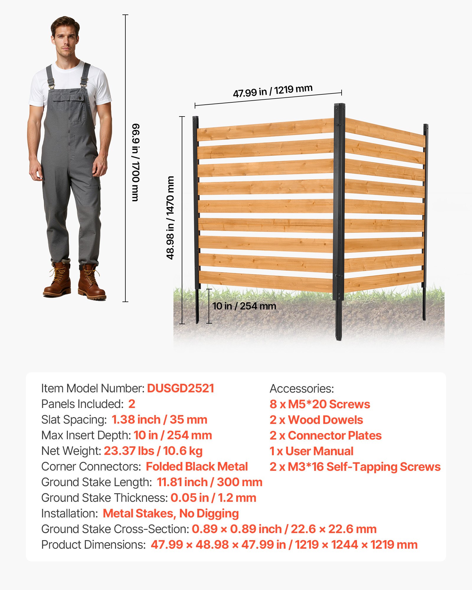 VEVOR Recinzione in Legno per Giardino 1219 x 1244 x 1219 mm, per Esterni a 2 Pannelli, Struttura in Acciaio, Recinzione per Giardino da Esterno per Bidone Utensili Giardinaggio Piscina Cortile