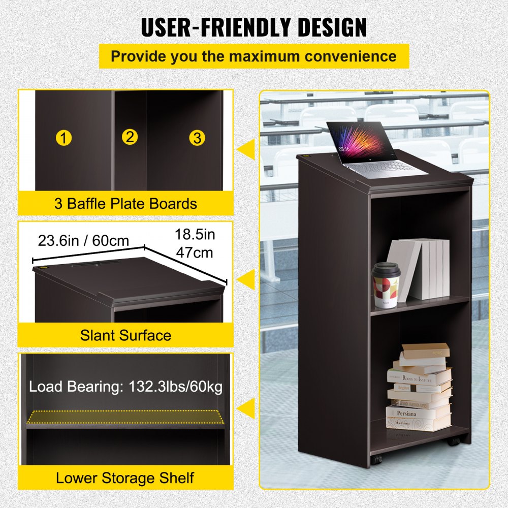 VEVOR Leggio per Pulpito in Legno con Ripiano a 4 Rotelle 60 x 40 x 120 cm, Supporto per Podio di Colore Nero, Semplice Pulpiti Leggio Adatto per Chiese, Aule, Seminari,  Matrimoni, Case e Ristoranti