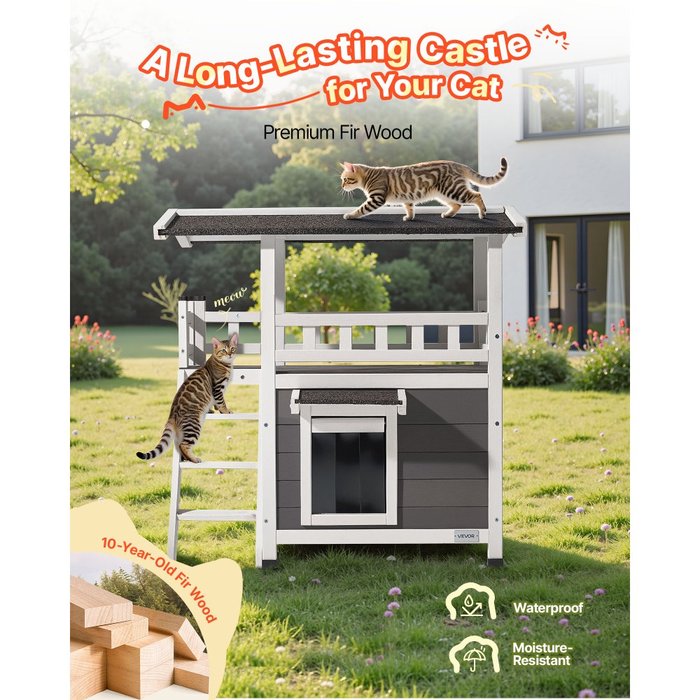 VEVOR Cuccia per Gatti da Esterno, Rifugio Rialzato in Legno a 2 Piani con Scale e Balcone, Stanza Spaziosa, Cucce Impermeabili per Gatti Selvatici da Interno e da Esterno 762 x 563 x 774 mm