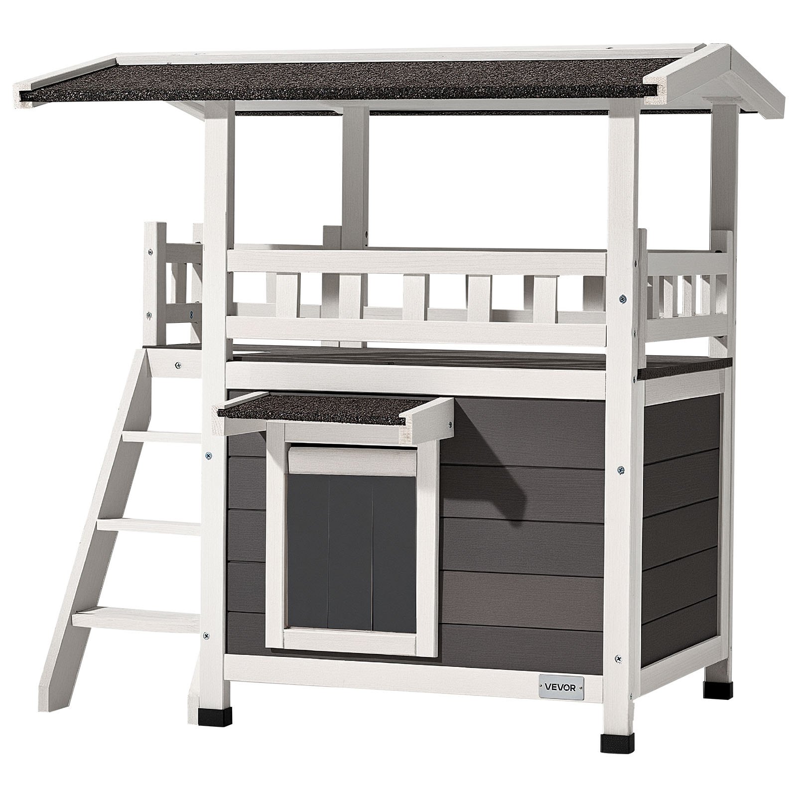 VEVOR Cuccia per Gatti da Esterno, Rifugio Rialzato in Legno a 2 Piani con Scale e Balcone, Stanza Spaziosa, Cucce Impermeabili per Gatti Selvatici da Interno e da Esterno 762 x 563 x 774 mm