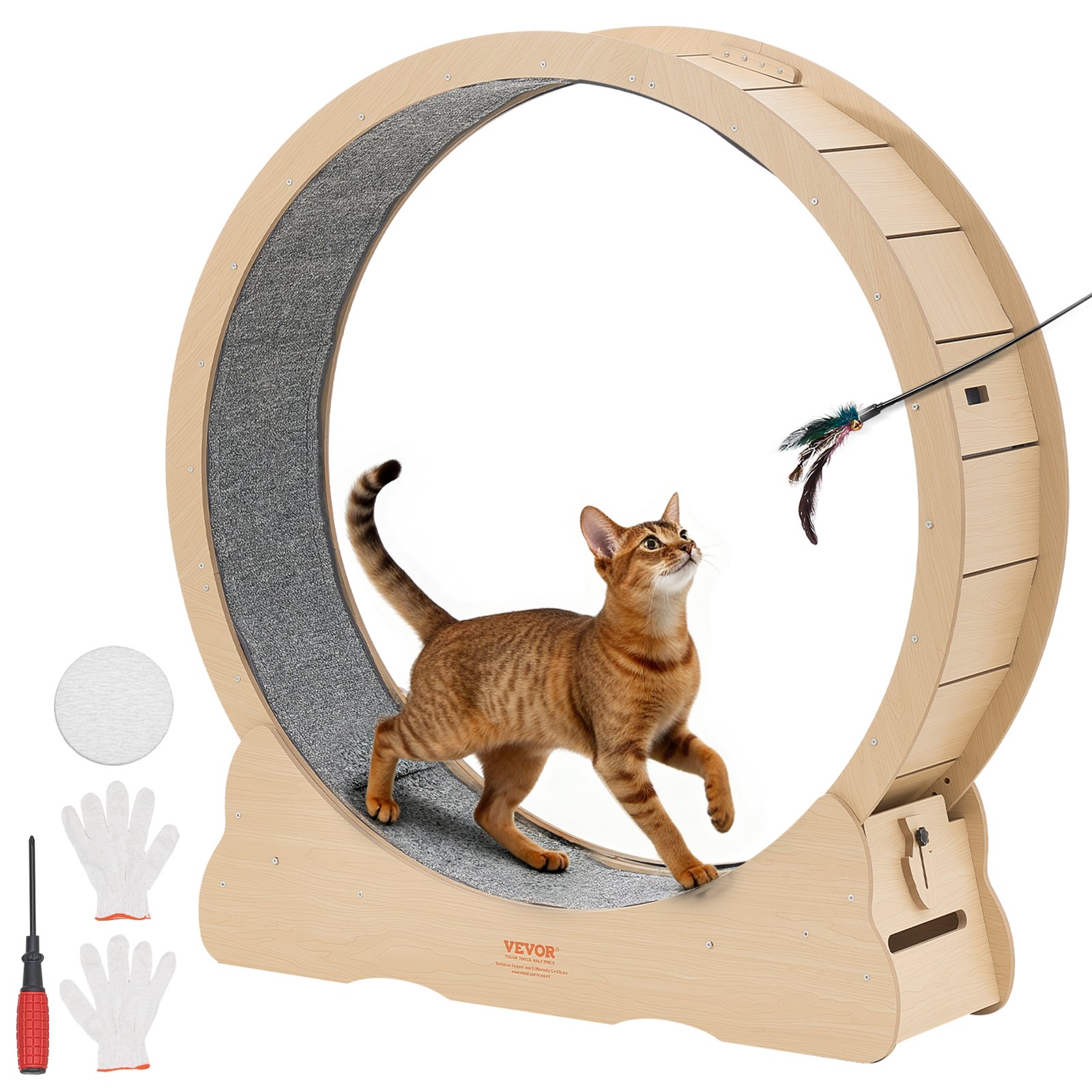 VEVOR Giocattolo Sportivo per Gatti, Ruota per Correre in Legno da 120 cm per Gatti da Interno Fino a 12,7 kg, con Pista in Moquette e Meccanismo di Bloccaggio, per Animali Domestici Colore Legno