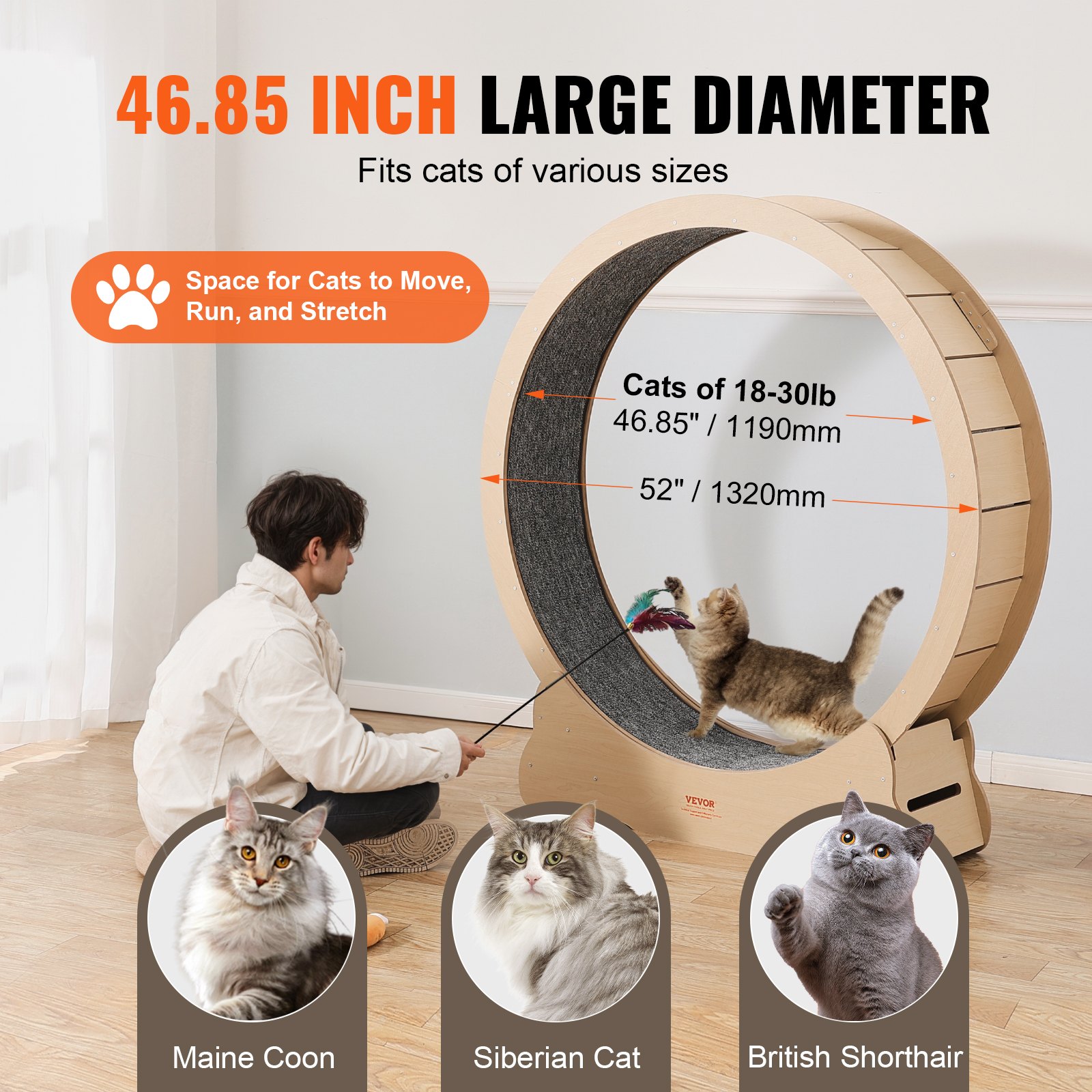 VEVOR Wooden Cat Running Wheel, 132 cm Cat Treadmill for House Cats, Cat Running Wheel with Removable Carpet and Cat Toy for Running/Walking/Training, Suitable for Most Cats up to 13 kg