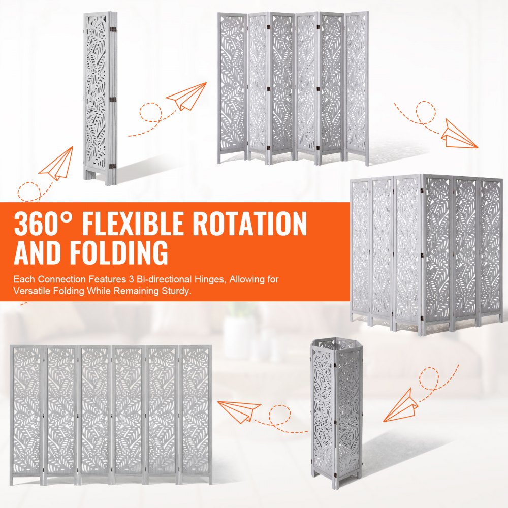 VEVOR Wooden Room Divider Screen, 6-Panel Foldable Privacy Screen, 170 cm High, Portable Decorative Screen with Boho Design for Home, Office, Restaurant