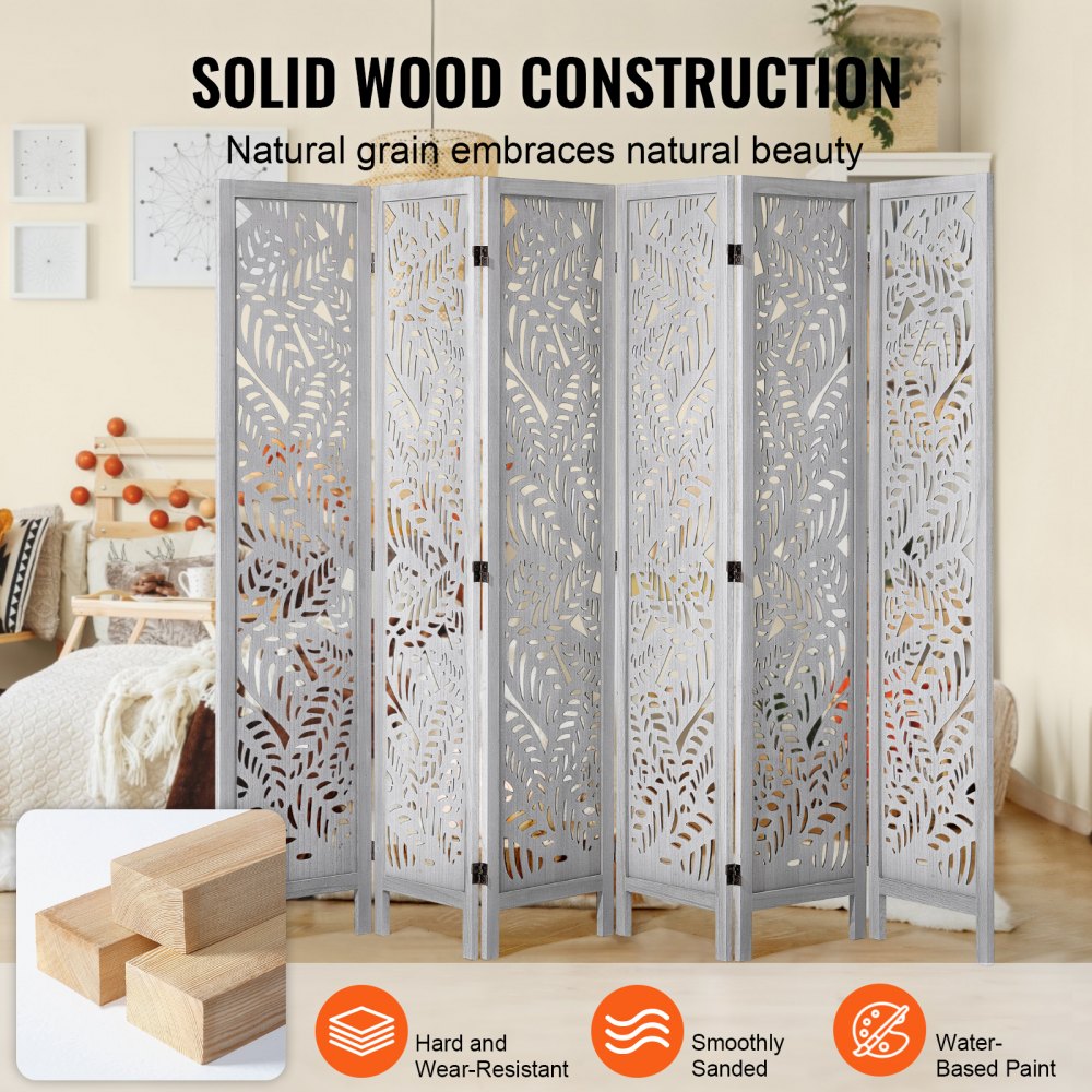 VEVOR Wooden Room Divider Screen, 6-Panel Foldable Privacy Screen, 170 cm High, Portable Decorative Screen with Boho Design for Home, Office, Restaurant