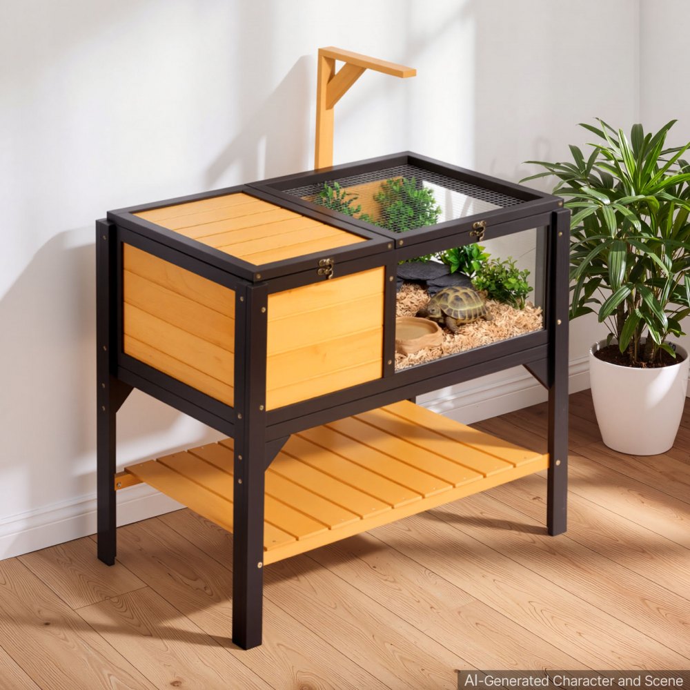 VEVOR Habitat per Tartarughe in Legno a 2 Stanze con Ripiano Portaoggetti, per Piccoli Animali e Rettili, Supporto per Lampada, al Coperto con Tetto Apribile, Finestra di Osservazione in Acrilico