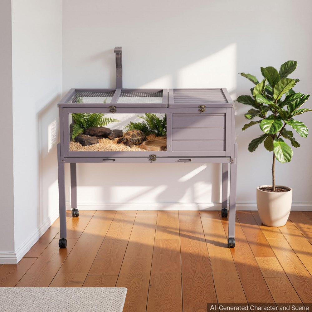 VEVOR Habitat per Tartarughe in Legno a 2 Stanze e con 4 Ruote Girevoli, per Piccoli Animali al Coperto con Vassoio Estraibile, Supporto per Lampada, con Tetto Apribile e Finestra di Osservazione