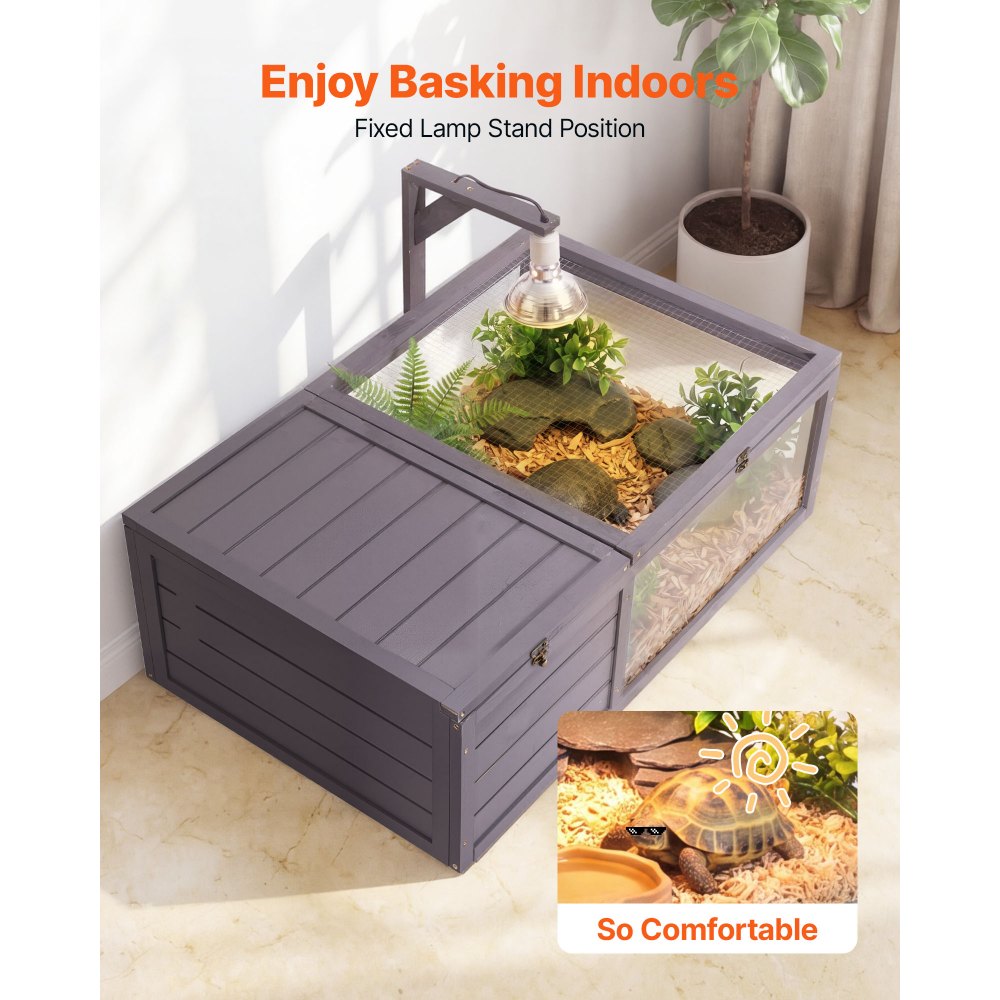 VEVOR Habitat per Tartarughe in Legno a 2 Stanze con Vassoio Estraibile, per Piccoli Animali da Interno ed Esterno, Supporto per Lampada, con Tetto Apribile e Finestra di Osservazione in Acrilico