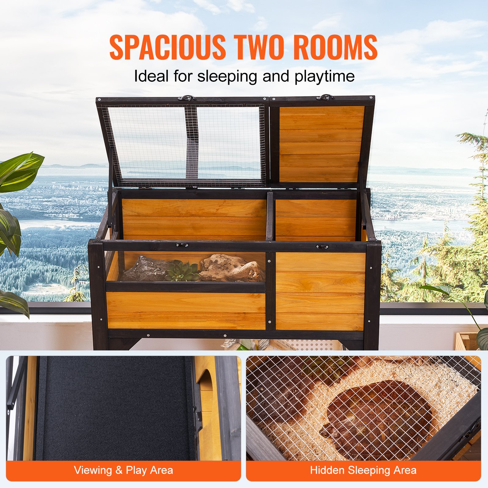 VEVOR Habitat per Tartarughe, Casa per Tartarughe in Legno per Interni ed Esterni, Recinto per Tartarughe con Supporto per Luce, Recinto per Rettili, Gabbia per Piccoli Animali con Gambe di Supporto