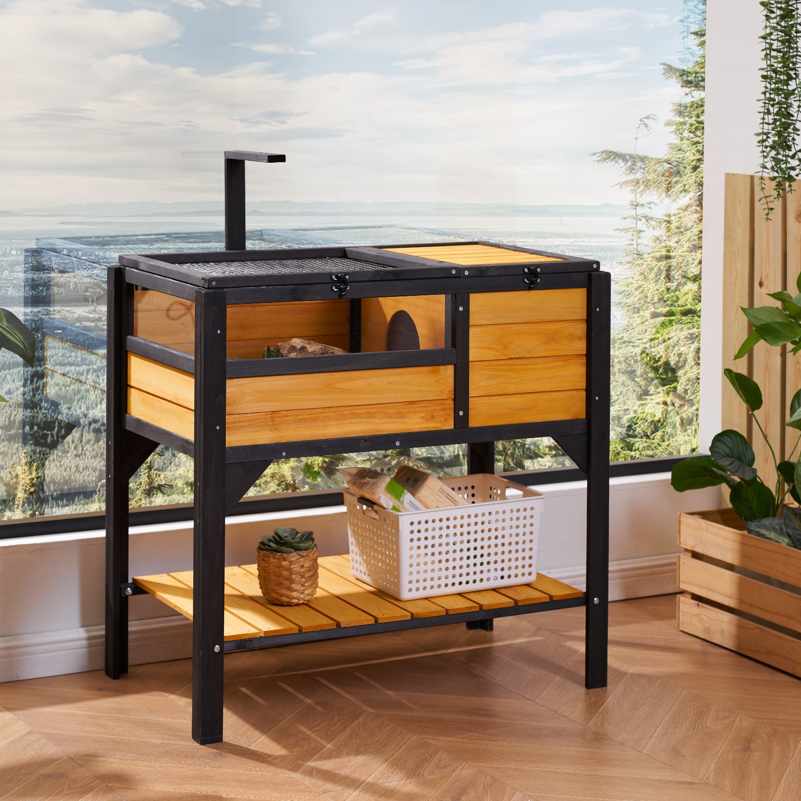 VEVOR Habitat per Tartarughe, Casa per Tartarughe in Legno per Interni ed Esterni, Recinto per Tartarughe con Supporto per Luce, Recinto per Rettili, Gabbia per Piccoli Animali con Gambe di Supporto
