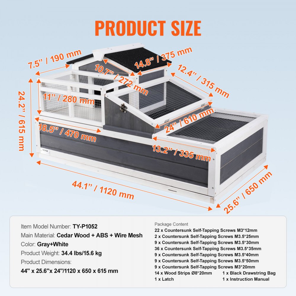 VEVOR 3-Room Tortoise House, 2-Story Wooden Indoor/Outdoor Tortoise Enclosure with Ramp, Tray, Opening Roof, Large Reptile Cage, 44" x 25.6" x 24