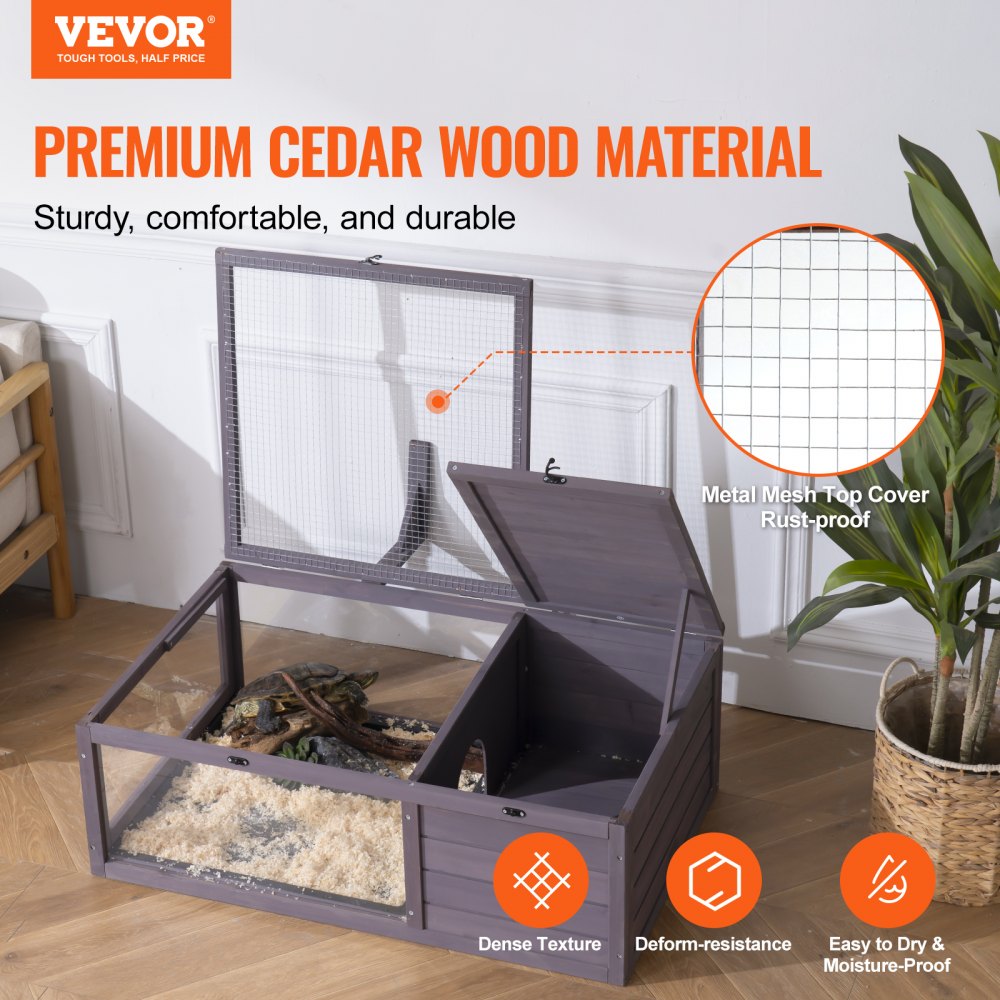VEVOR Tortoise Habitat, Wooden Tortoise House for Indoor and Outdoor Use, Tortoise Enclosure with Hanging Light Stand, 2-Room Reptile Enclosure, Small Animal Cage for Geckos, Lizards, Snakes, 96.5 x 61 x 33 cm