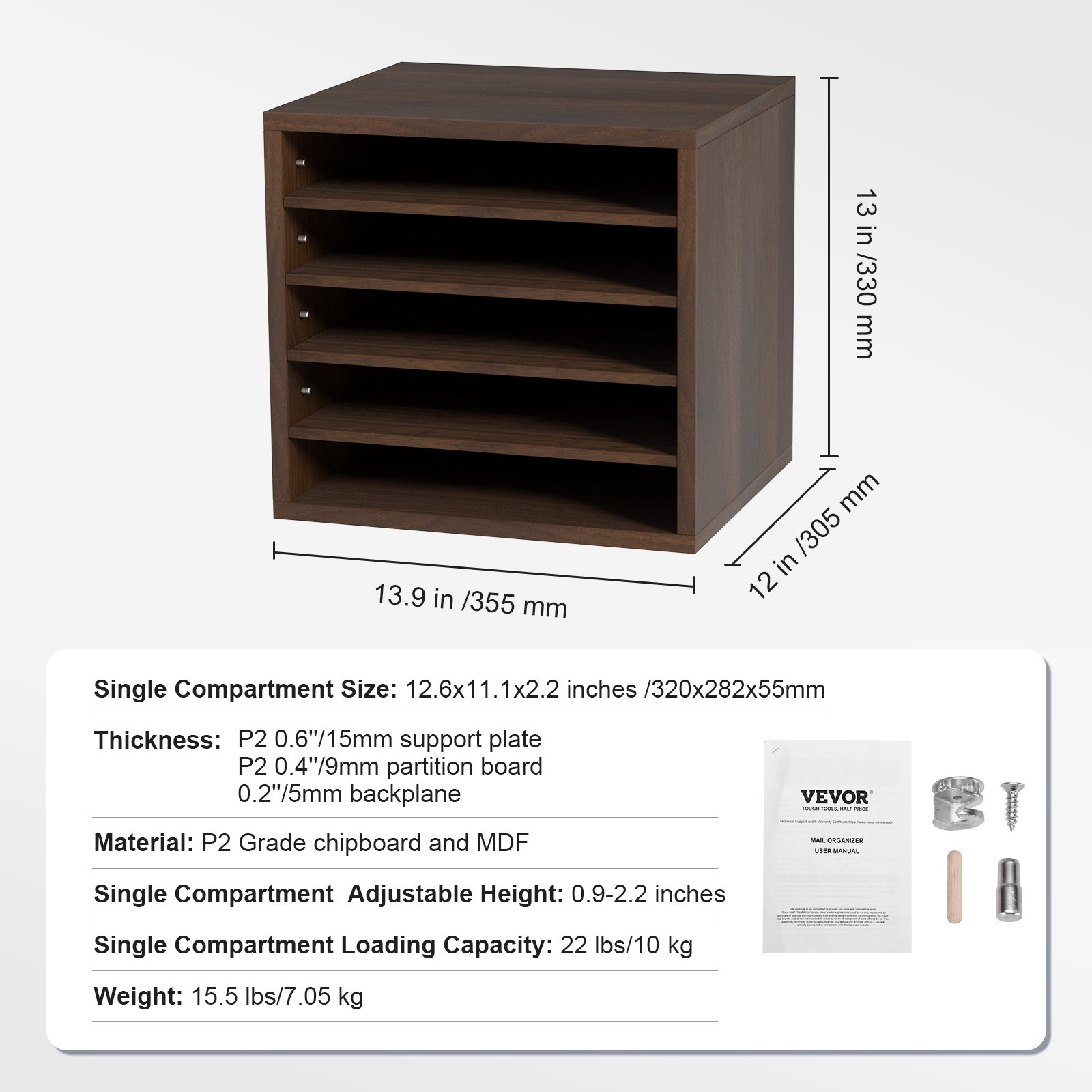 VEVOR Organizzatore per Documenti in Legno 5 Scompartimenti Marrone Carico Singolo 10kg Rimovibili e Regolabili, Portadocumenti 35,5 x 30,5 x 33 cm per Libri Documenti Fumetti Moduli 5 Scompartimenti