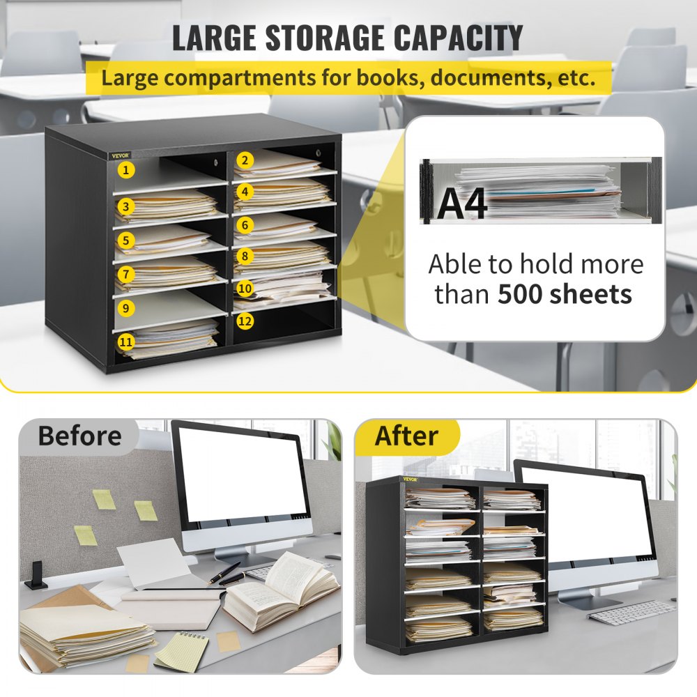 VEVOR Organizzatore di Documenti in Legno da 49 x 31 x 41 cm, Organizer di Scrivania in MDF Colore Bianco e Nero, Cassettiera di Ufficio su Scrivania con 12 Scomparti, Uso per Casa Ufficio Aula Studio