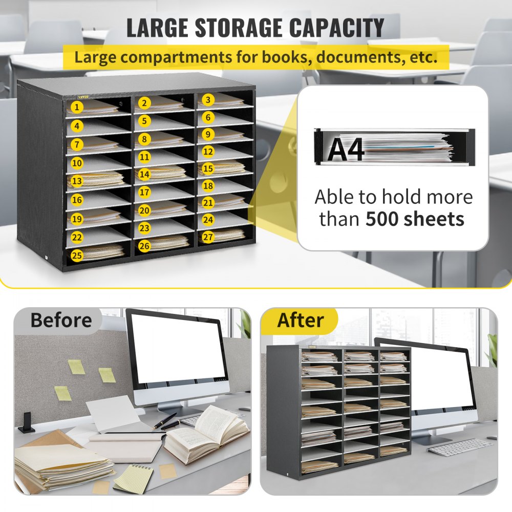 VEVOR Organizzatore di Documenti in MDF, Organizer di Scrivania a Colore Bianco e Nero da 80 x 30,5 x 55 cm, Cassettiera di Ufficio su Scrivania con 27 Scomparti, Adatto per Casa Ufficio Aula Studio
