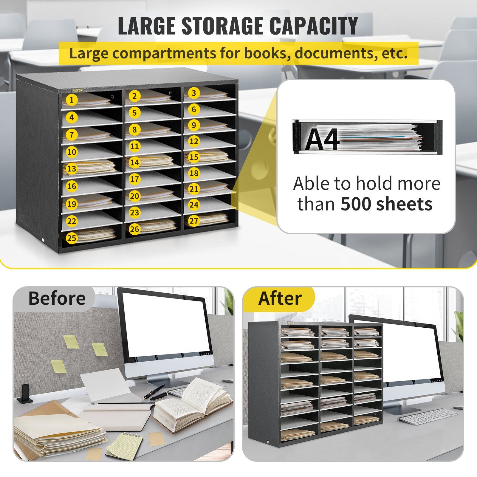 VEVOR Organizzatore di Documenti in MDF, Organizer di Scrivania a Colore Bianco e Nero da 80 x 30,5 x 55 cm, Cassettiera di Ufficio su Scrivania con 27 Scomparti, Adatto per Casa Ufficio Aula Studio