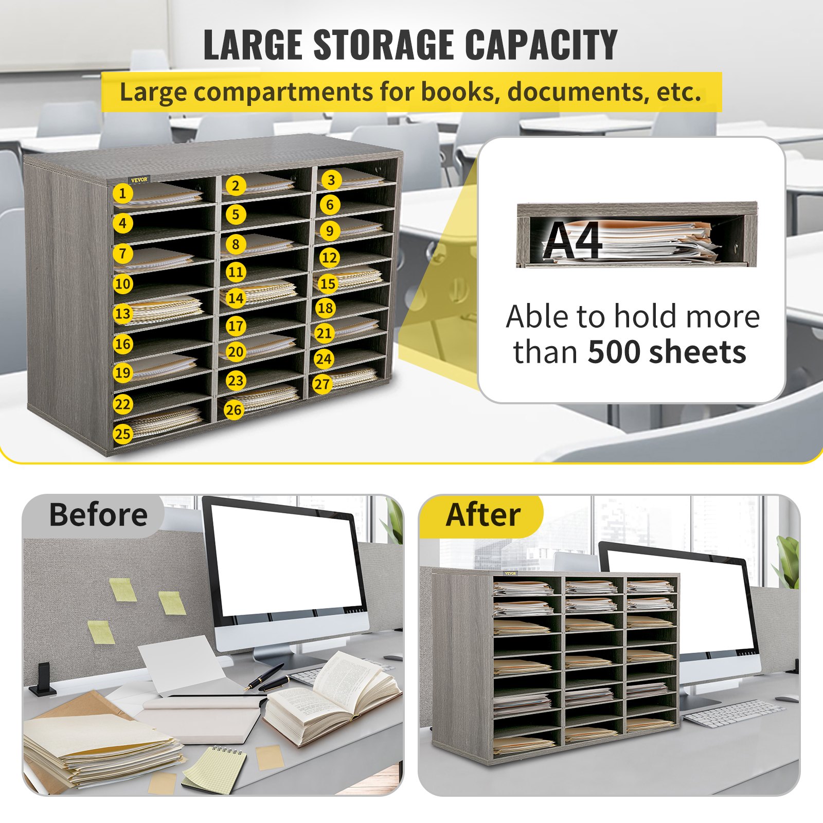 VEVOR Organizzatore di Documenti in MDF da 80 x 30,5 x 55 cm, Organizer di Scrivania Carico 5kg a Colore Grigio, Cassettiera di Ufficio su Scrivania con 27 Scomparti, Uso per Casa Ufficio Aula Studio