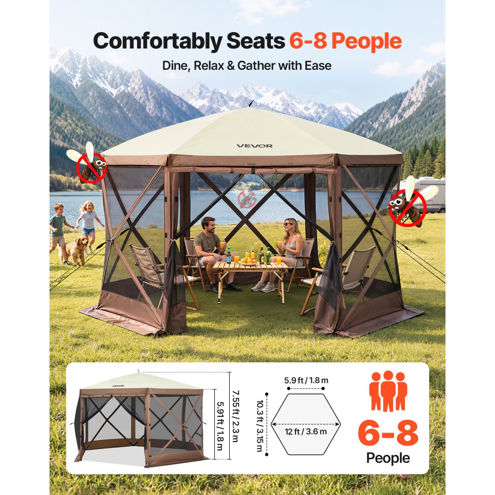 VEVOR Tenda Riparo da Campeggio Pop-Up, Parasole a 6 Lati con Finestre in Rete, Borsa da Trasporto Portatile, Picchetti da Terra, Tende di Grandi Dimensioni per Campeggio all'Aperto, Prato e Giardino