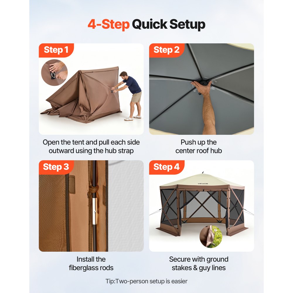 VEVOR Tenda Riparo da Campeggio Pop-Up, Parasole a 6 Lati con Finestre in Rete, Borsa da Trasporto Portatile, Picchetti da Terra, Tende di Grandi Dimensioni per Campeggio all'Aperto, Prato e Giardino