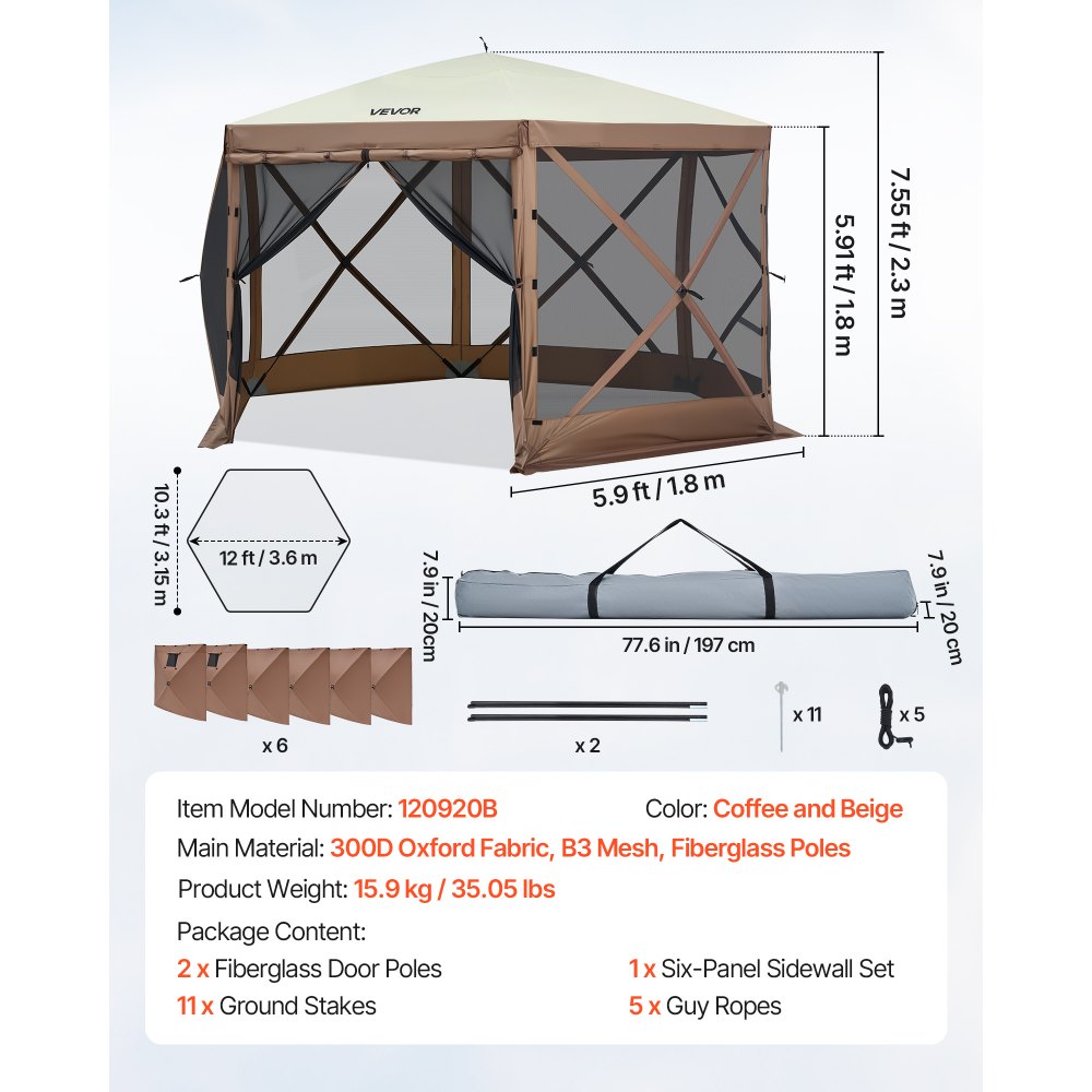 VEVOR Tenda Riparo da Campeggio Pop-Up, Parasole a 6 Lati con Finestre in Rete, Borsa da Trasporto Portatile, Picchetti da Terra, Tende di Grandi Dimensioni per Campeggio all'Aperto, Prato e Giardino