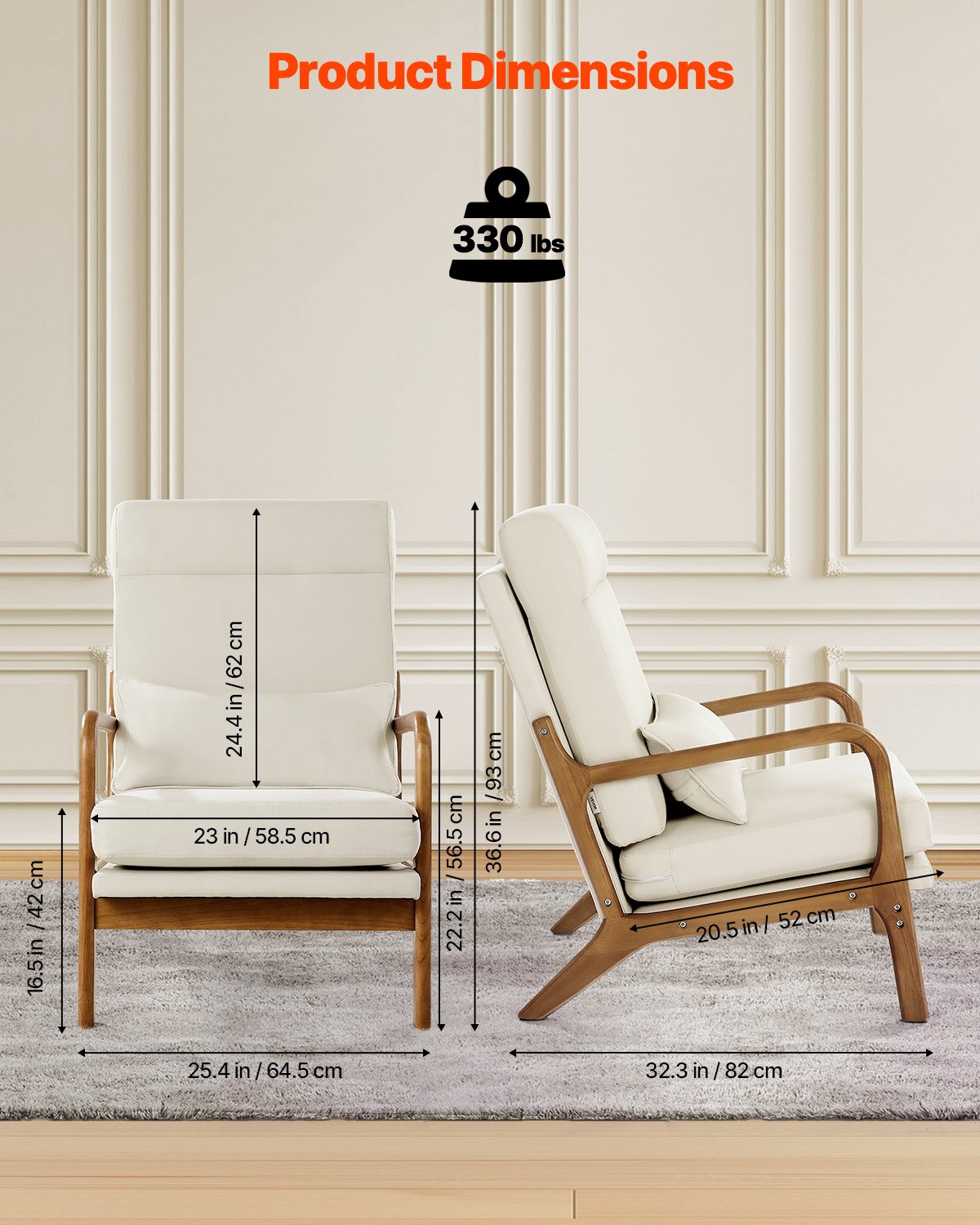 VEVOR Accent Chair, High Back Mid Century Modern Armchair with Solid Wood Frame and Non-Slip Legs, Upholstered Leisure Chairs with Linen Fabric and 13.5 cm Thickened Cushion, for Living Room, Bedroom