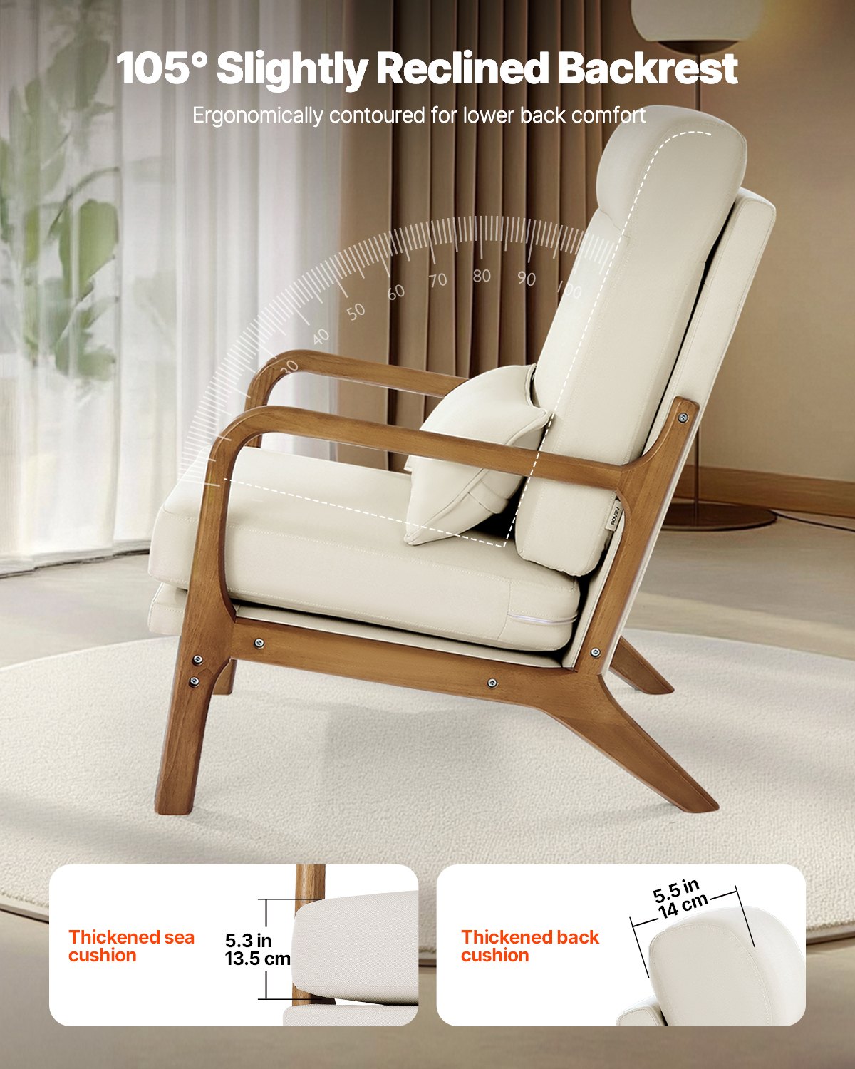 VEVOR Accent Chair, High Back Mid Century Modern Armchair with Solid Wood Frame and Non-Slip Legs, Upholstered Leisure Chairs with Linen Fabric and 13.5 cm Thickened Cushion, for Living Room, Bedroom