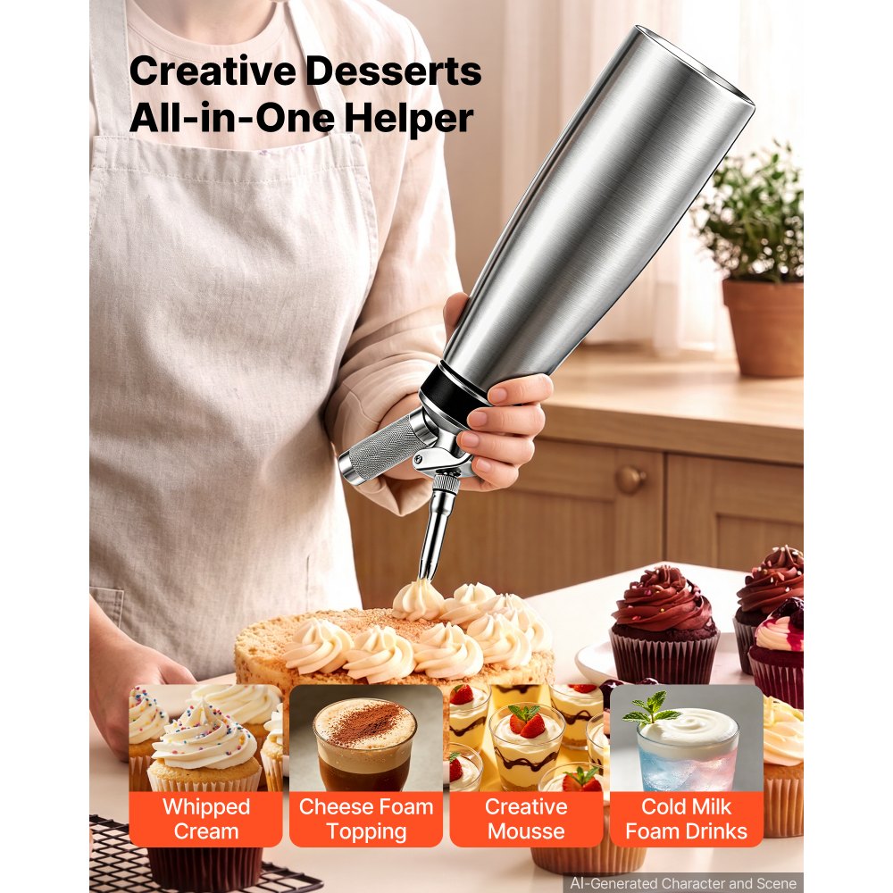 VEVOR Dispenser per Panna Montata Senza Cartuccia 3 Beccucci Decorativi 1 L Funziona con N₂O, Materiale in Acciaio Inox 304, a Prova di Perdite, per Bar, Pasticcerie, Pannificio, Decorazione di Torte