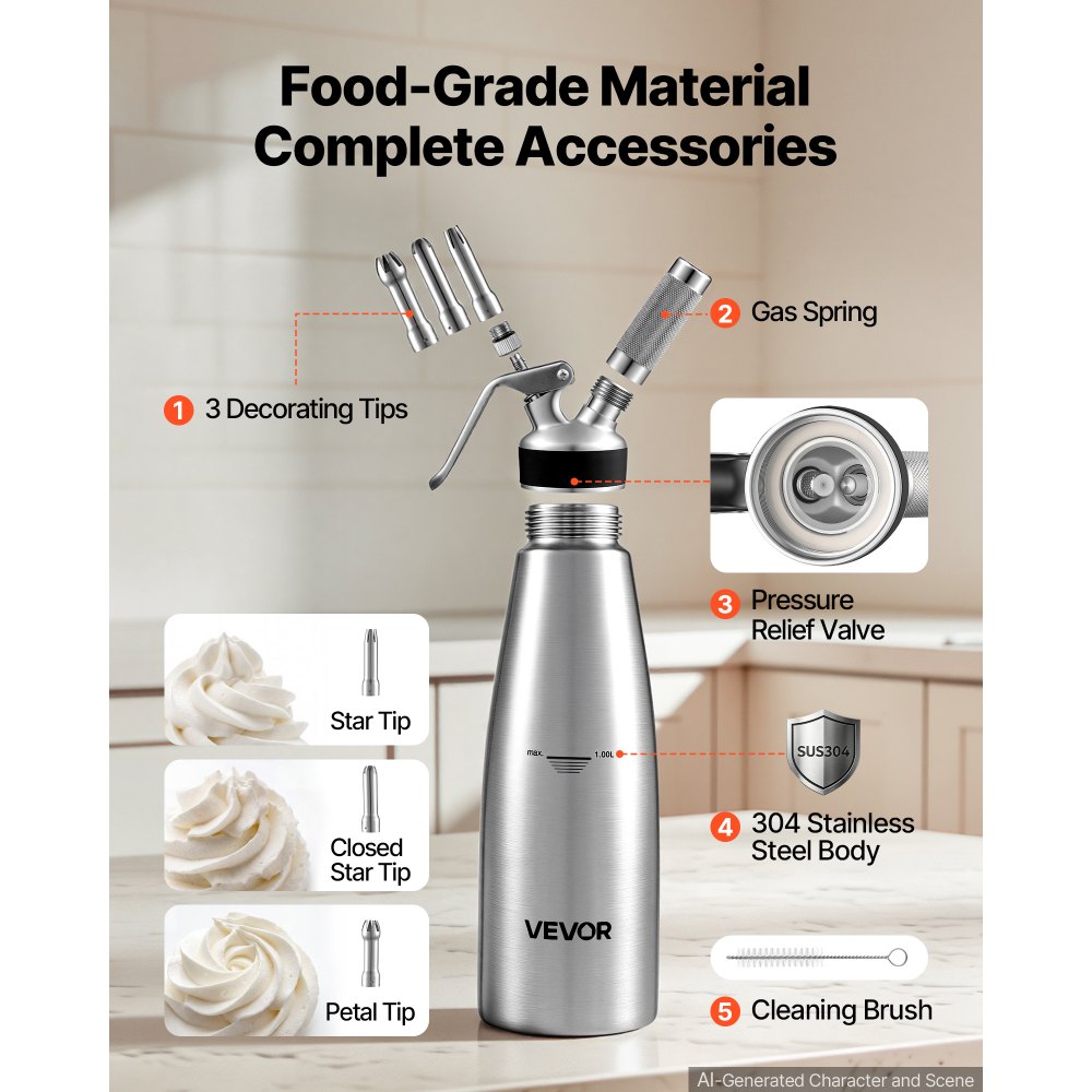 VEVOR Dispenser per Panna Montata Senza Cartuccia 3 Beccucci Decorativi 1 L Funziona con N₂O, Materiale in Acciaio Inox 304, a Prova di Perdite, per Bar, Pasticcerie, Pannificio, Decorazione di Torte
