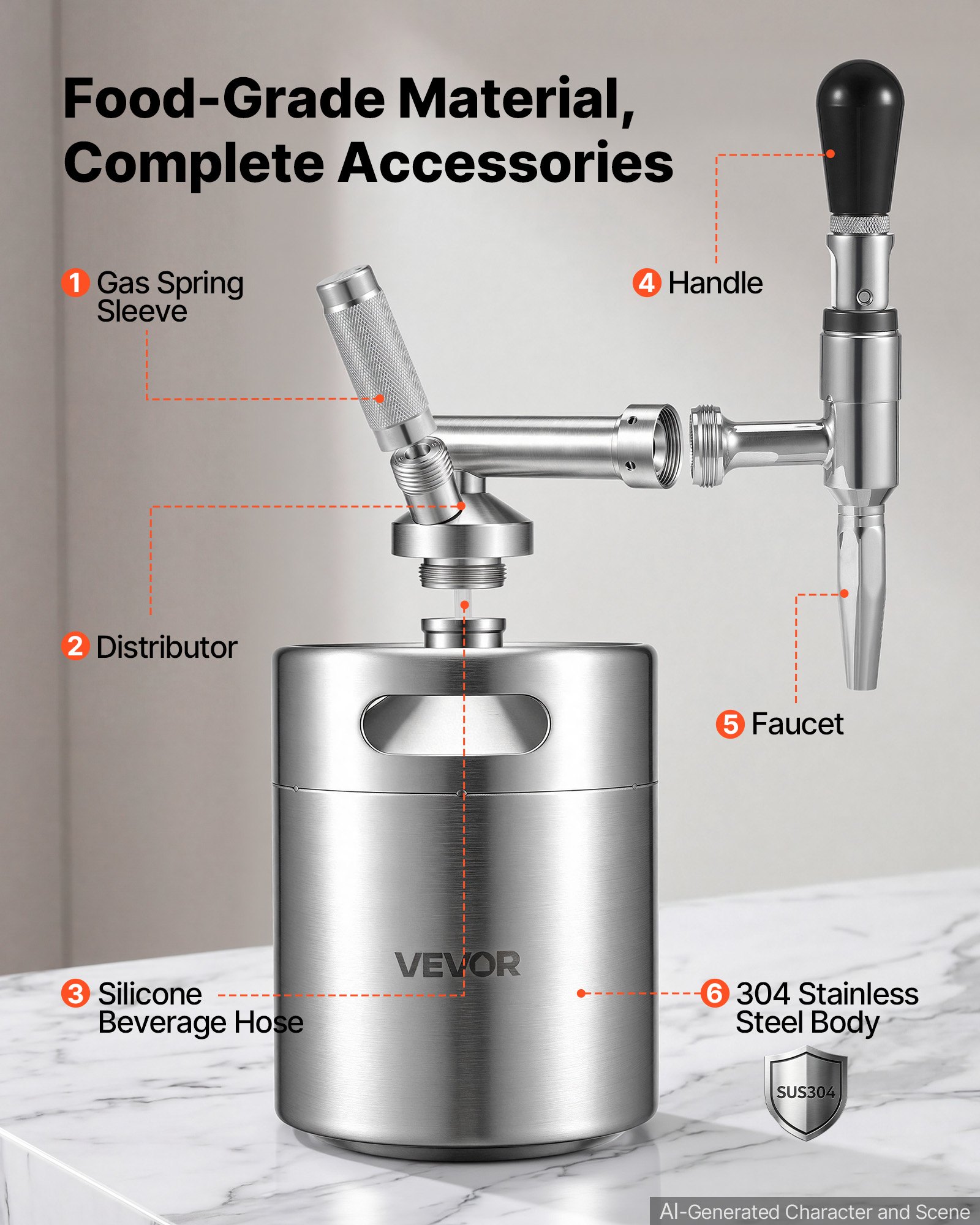 VEVOR Fusto da Caffè Nitro 4L Sistema di Erogazione di Azoto Caffè Freddo, Infusore di Azoto Portatile con Erogatore Valvola di Sfogo di Pressione, Acciaio Inox,, Birra Fredda, Tè, 235 x 175 x 398 mm