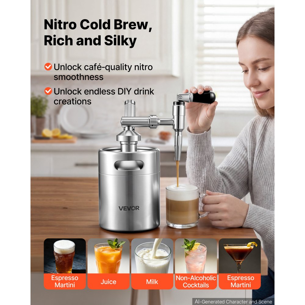 VEVOR Fusto da Caffè Nitro 2L Sistema di Erogazione di Azoto Caffè Freddo, Infusore di Azoto Portatile con Erogatore Valvola di Sfogo di Pressione, Acciaio Inox,, Birra Fredda, Tè, 190 x 145 x 355 mm
