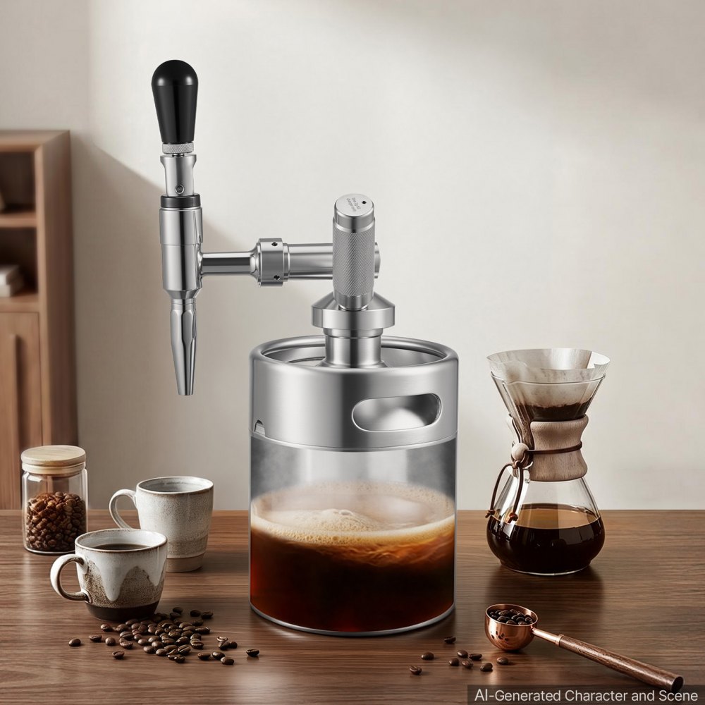 VEVOR Fusto da Caffè Nitro 2L Sistema di Erogazione di Azoto Caffè Freddo, Infusore di Azoto Portatile con Erogatore Valvola di Sfogo di Pressione, Acciaio Inox,, Birra Fredda, Tè, 190 x 145 x 355 mm