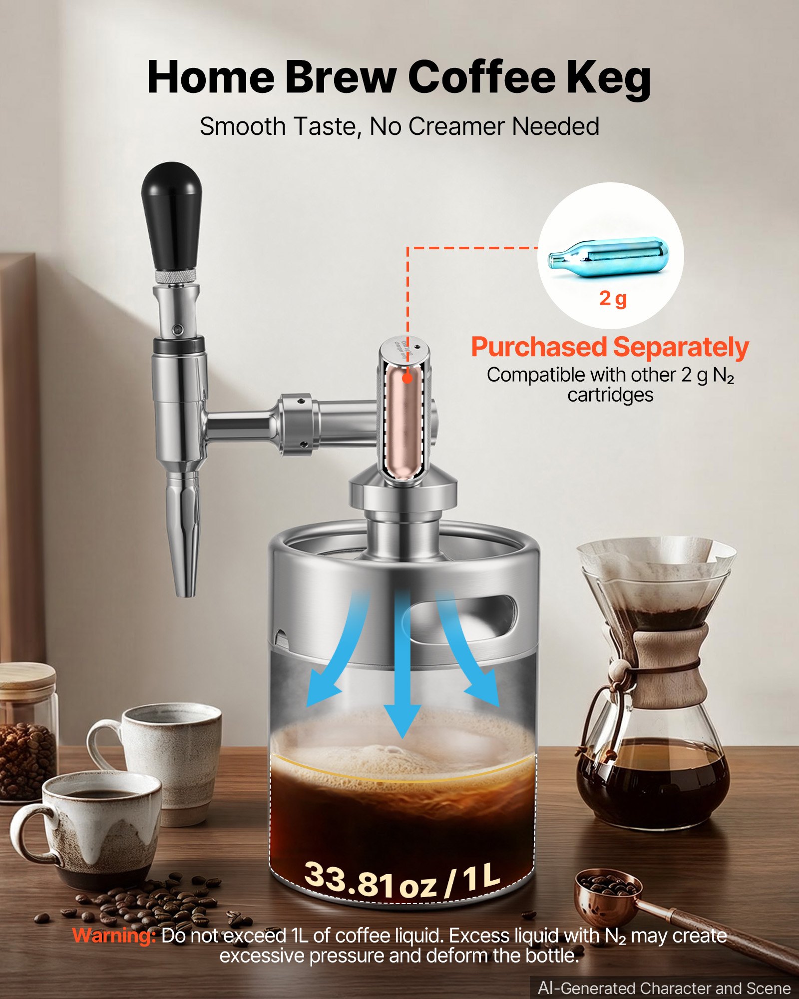 VEVOR Fusto da Caffè Nitro 2L Sistema di Erogazione di Azoto Caffè Freddo, Infusore di Azoto Portatile con Erogatore Valvola di Sfogo di Pressione, Acciaio Inox,, Birra Fredda, Tè, 190 x 145 x 355 mm