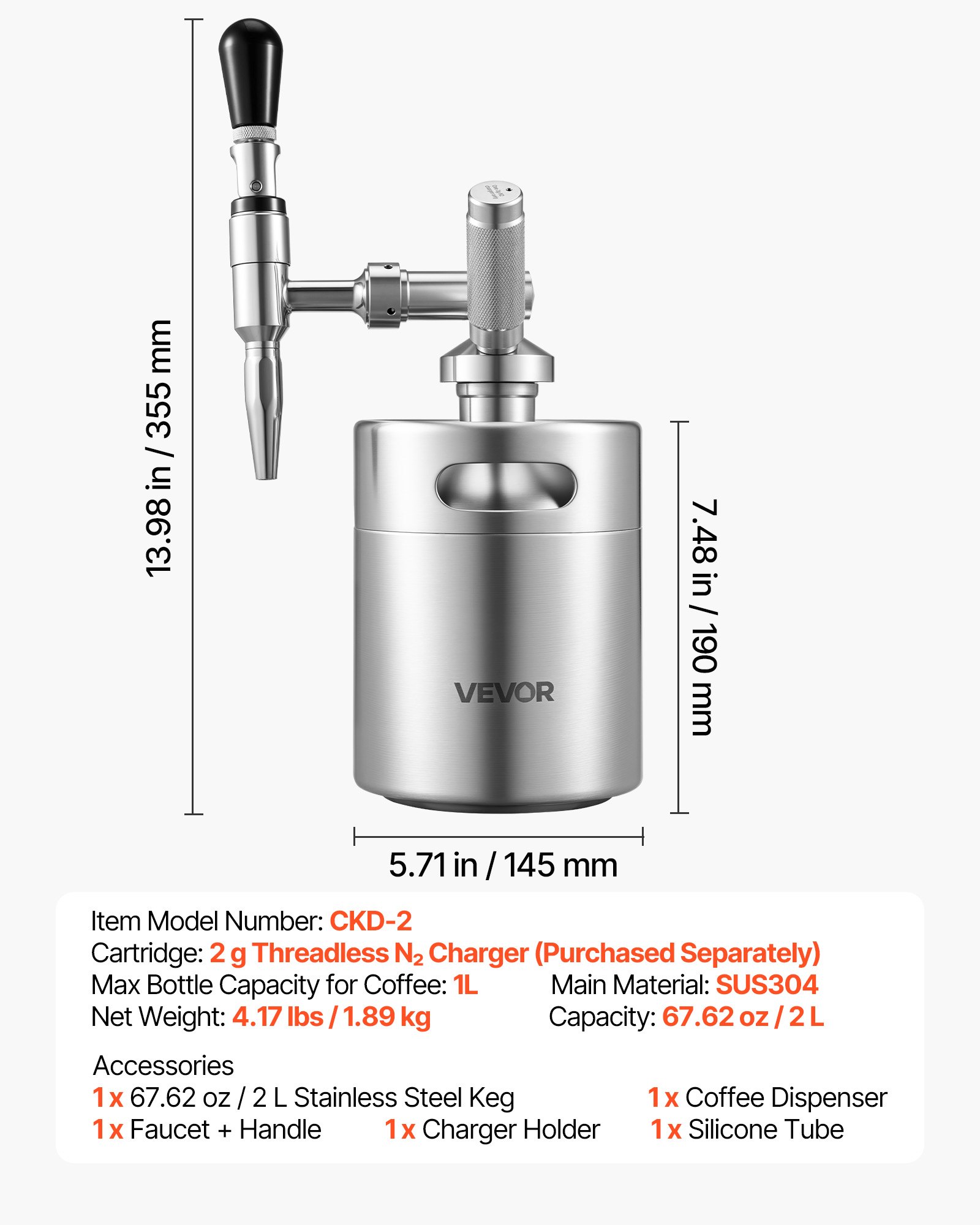 VEVOR Fusto da Caffè Nitro 2L Sistema di Erogazione di Azoto Caffè Freddo, Infusore di Azoto Portatile con Erogatore Valvola di Sfogo di Pressione, Acciaio Inox,, Birra Fredda, Tè, 190 x 145 x 355 mm