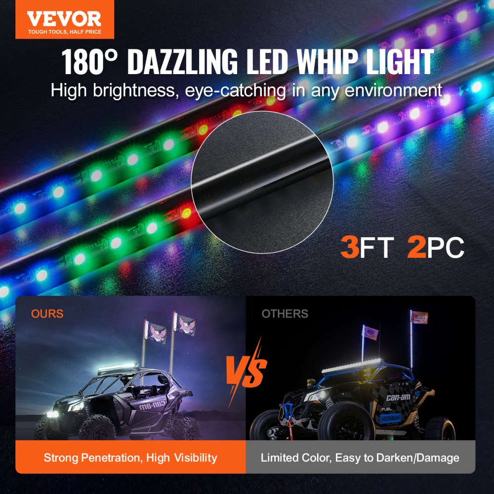VEVOR Frusta Luminosa 2 PZ LED Frusta Luminosa 930 mm APP e Telecomando RF Fruste Illuminate da Caccia RGB Impermeabili, Luci a Frusta a LED, 4 Bandiere per UTV ATV Motociclette RZR Camion Fuoristrada