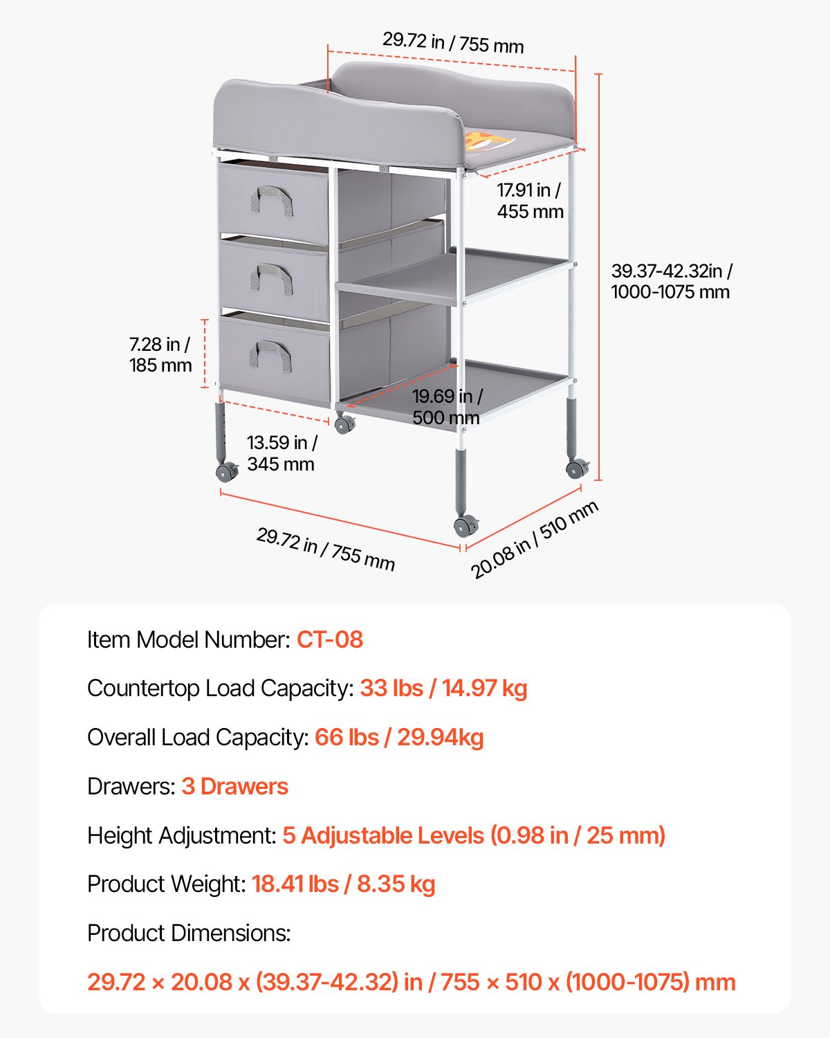VEVOR Baby Changing Table, Portable Diaper Change Station with 3 Fabric Drawers and Lockable Wheels, Adjustable Height Multi-Functional Changing Station Table with Storage Organizer Nursery, Gray