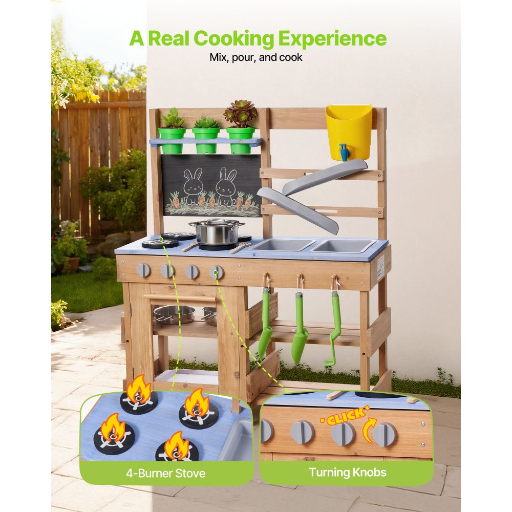 VEVOR Cucina di Fango da Esterno per Bambini da 762 x 324 x 914 mm in Legno con Fornelli, Ganci, Lavelli, Pale da Piantagione, Spatole, Manici, Pentole e Accessori, Giochi con Acqua e Sabbia