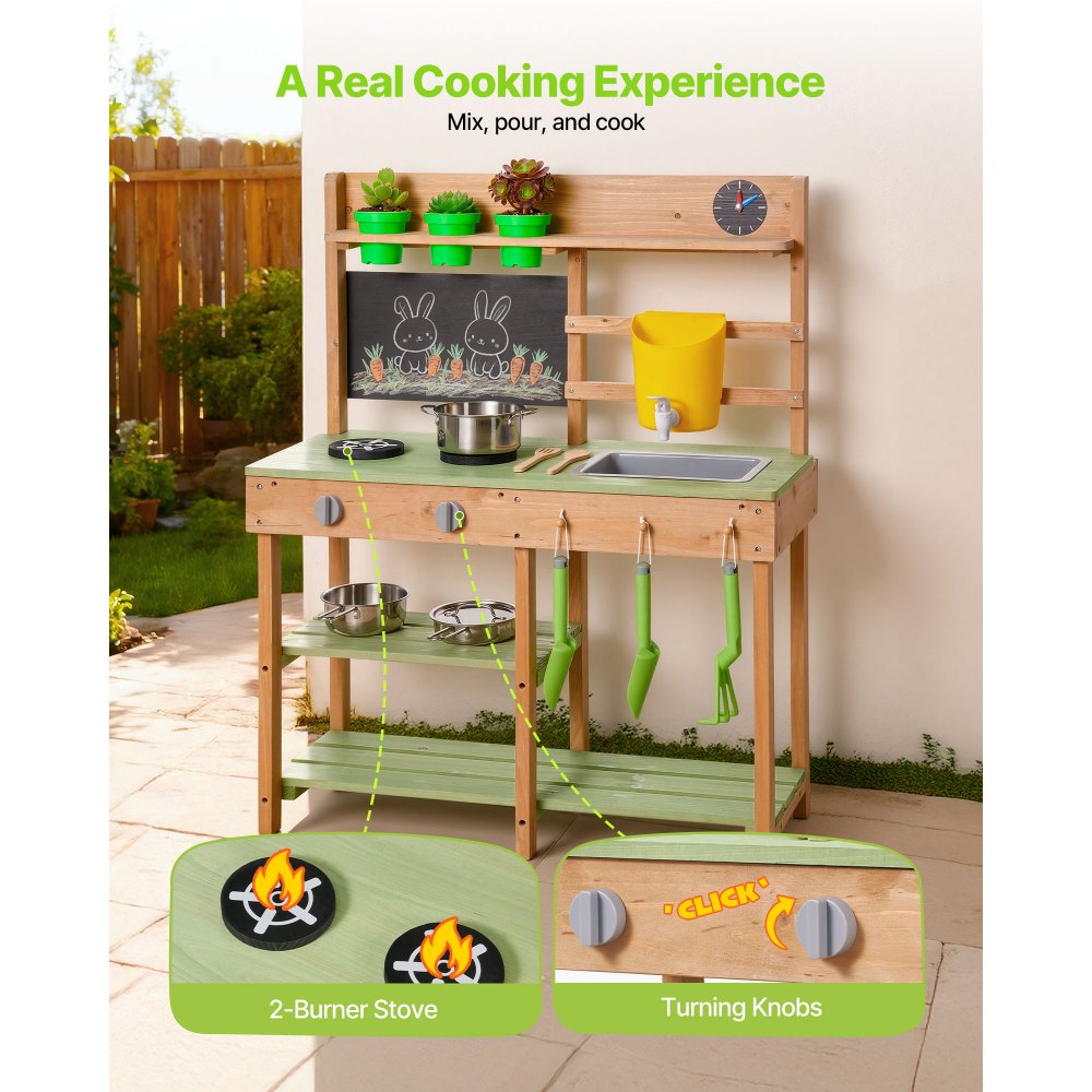 VEVOR Giocattolo da Cucina in Legno per Bambini 762 x 324 x 914 mm, Cucine da Gioco da Esterno con Fornelli, Serbatoio, Lavello, Pale da Piantagione, Scatola, Pentole e Accessori, per la Casa, Prato