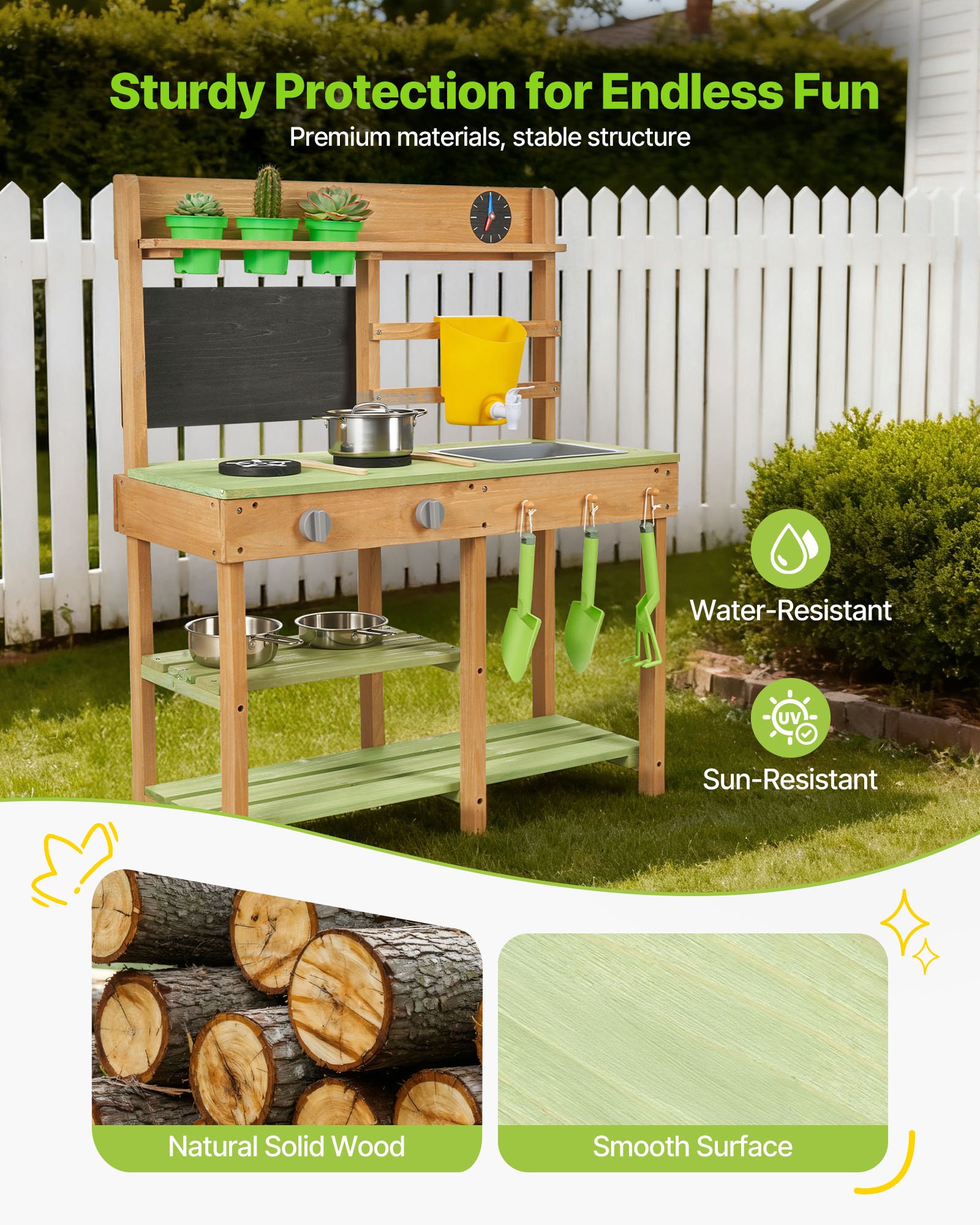 VEVOR Giocattolo da Cucina in Legno per Bambini 762 x 324 x 914 mm, Cucine da Gioco da Esterno con Fornelli, Serbatoio, Lavello, Pale da Piantagione, Scatola, Pentole e Accessori, per la Casa, Prato