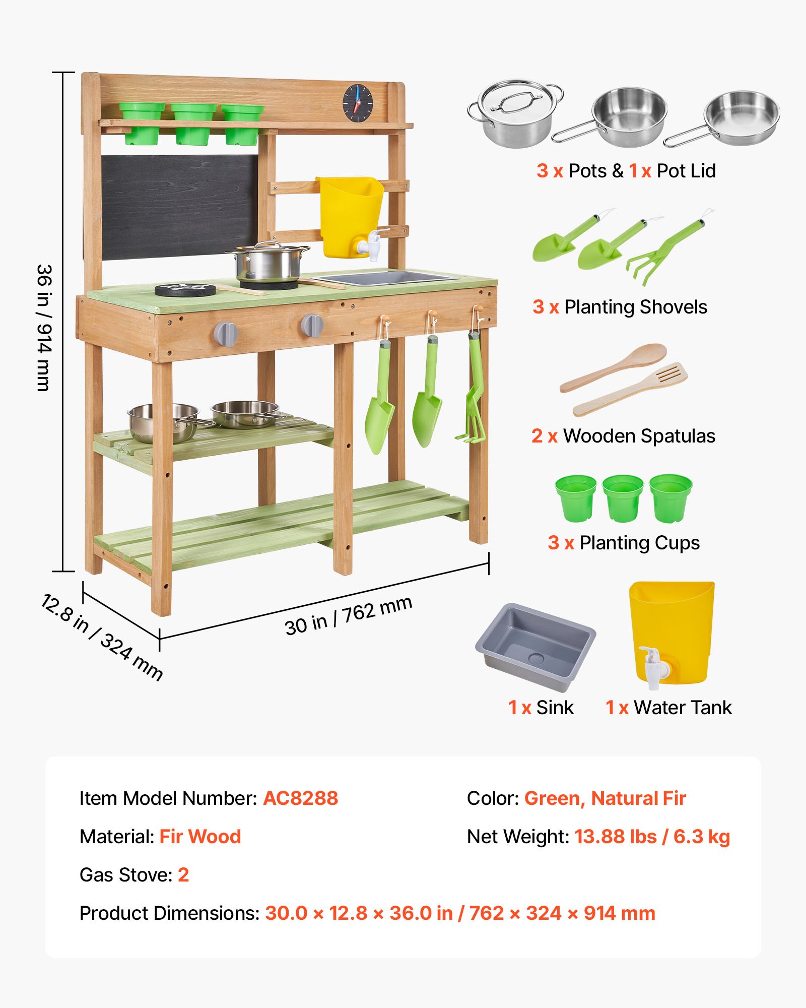 VEVOR Giocattolo da Cucina in Legno per Bambini 762 x 324 x 914 mm, Cucine da Gioco da Esterno con Fornelli, Serbatoio, Lavello, Pale da Piantagione, Scatola, Pentole e Accessori, per la Casa, Prato