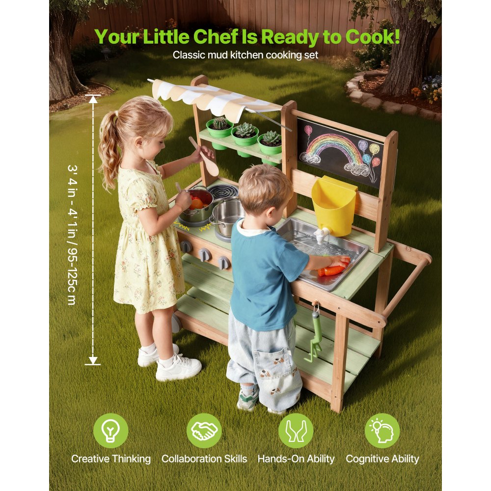 VEVOR Cucina Educativa per Bambini da 880 x 326 x 900 mm, Cucine Giocattolo in Legno per Esterni con Cucchiai, Lavello, Tettuccio Parasole, Ruote Girevoli, Pentole e Accessori, per la Casa e Prato