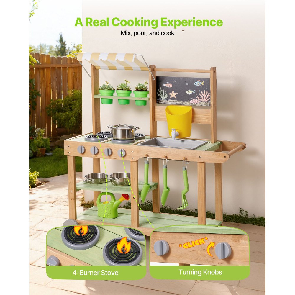 VEVOR Cucina Educativa per Bambini da 880 x 326 x 900 mm, Cucine Giocattolo in Legno per Esterni con Cucchiai, Lavello, Tettuccio Parasole, Ruote Girevoli, Pentole e Accessori, per la Casa e Prato