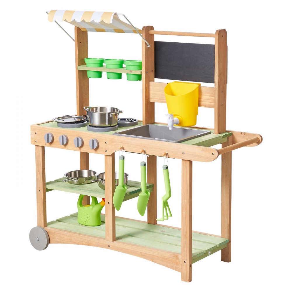 VEVOR Cucina Educativa per Bambini da 880 x 326 x 900 mm, Cucine Giocattolo in Legno per Esterni con Cucchiai, Lavello, Tettuccio Parasole, Ruote Girevoli, Pentole e Accessori, per la Casa e Prato