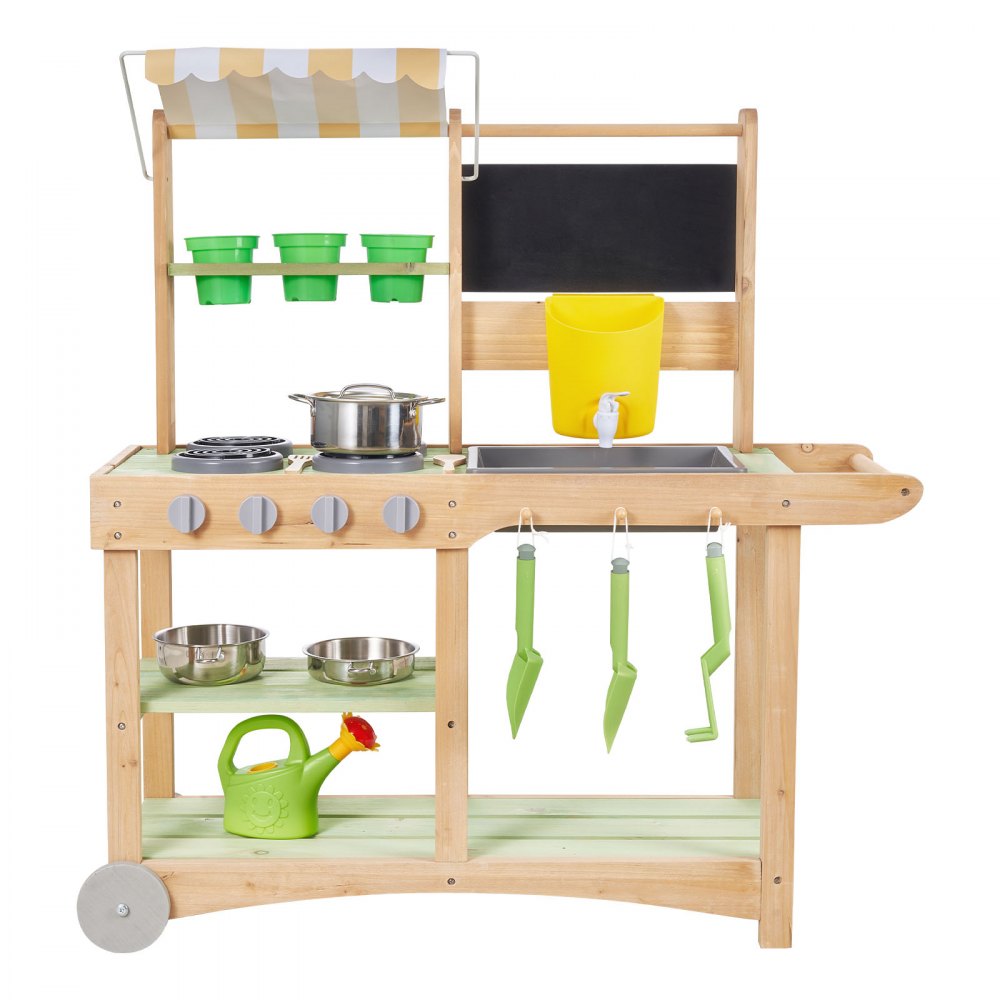 VEVOR Cucina Educativa per Bambini da 880 x 326 x 900 mm, Cucine Giocattolo in Legno per Esterni con Cucchiai, Lavello, Tettuccio Parasole, Ruote Girevoli, Pentole e Accessori, per la Casa e Prato