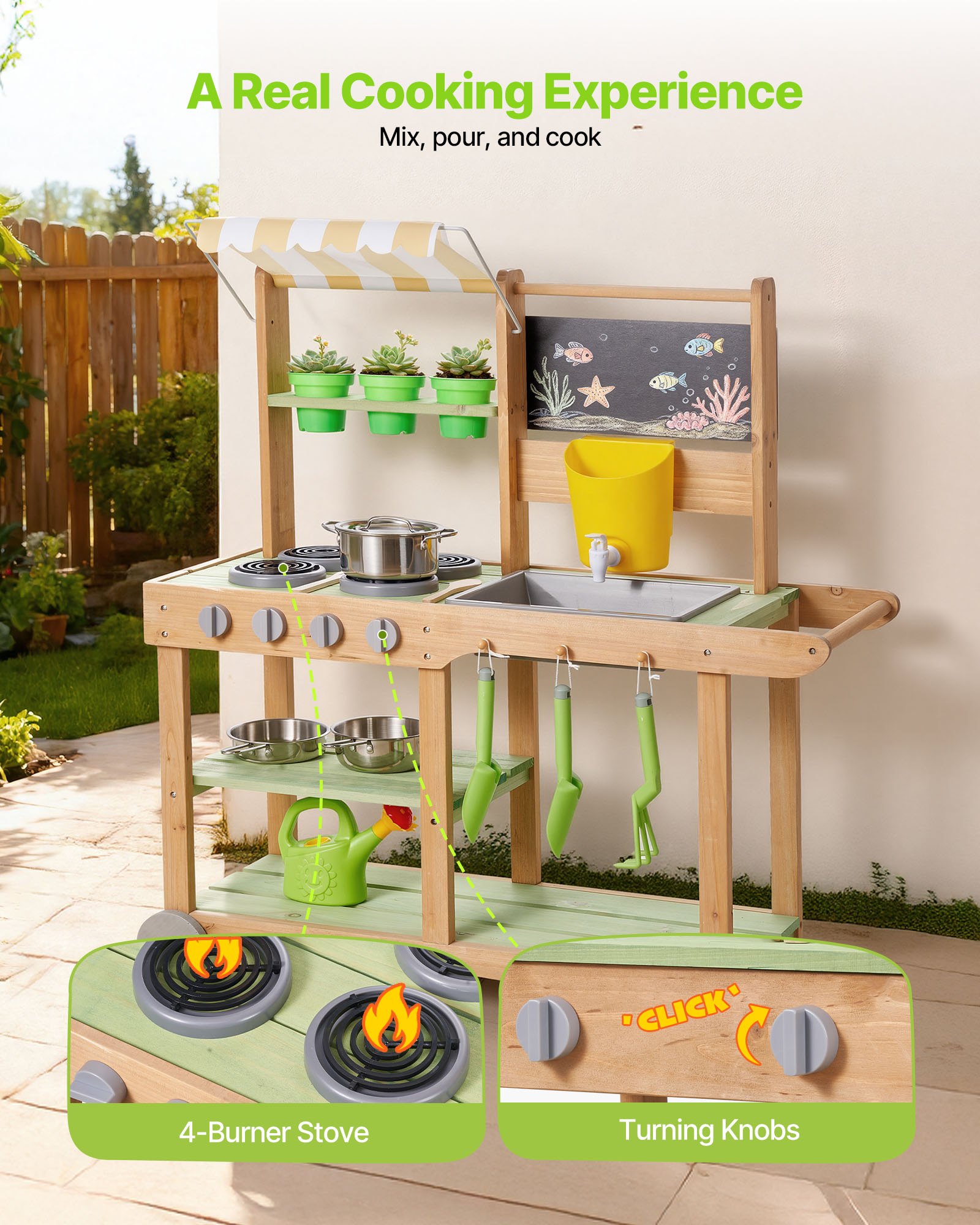 VEVOR Cucina Educativa per Bambini da 880 x 326 x 900 mm, Cucine Giocattolo in Legno per Esterni con Cucchiai, Lavello, Tettuccio Parasole, Ruote Girevoli, Pentole e Accessori, per la Casa e Prato