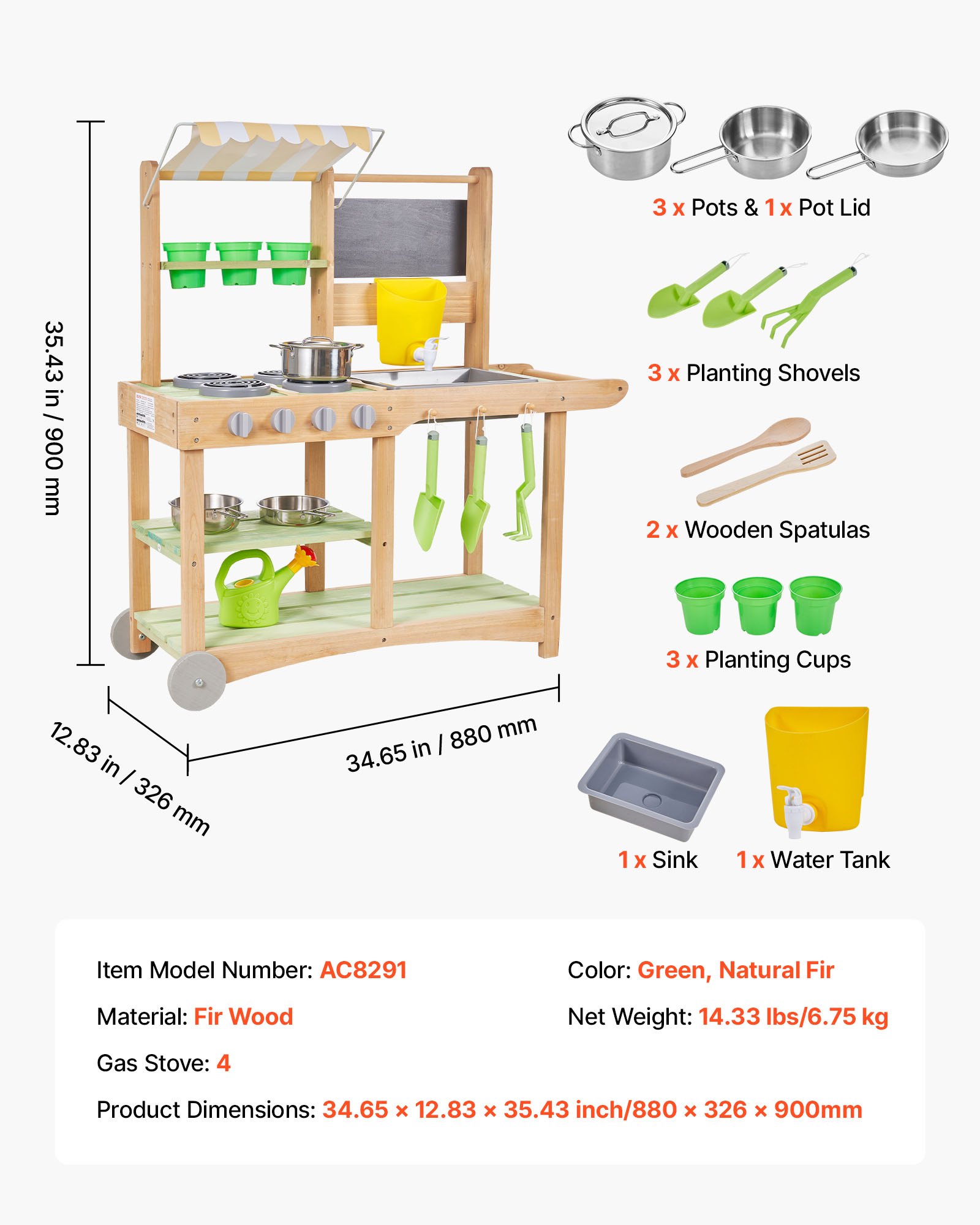 VEVOR Cucina Educativa per Bambini da 880 x 326 x 900 mm, Cucine Giocattolo in Legno per Esterni con Cucchiai, Lavello, Tettuccio Parasole, Ruote Girevoli, Pentole e Accessori, per la Casa e Prato