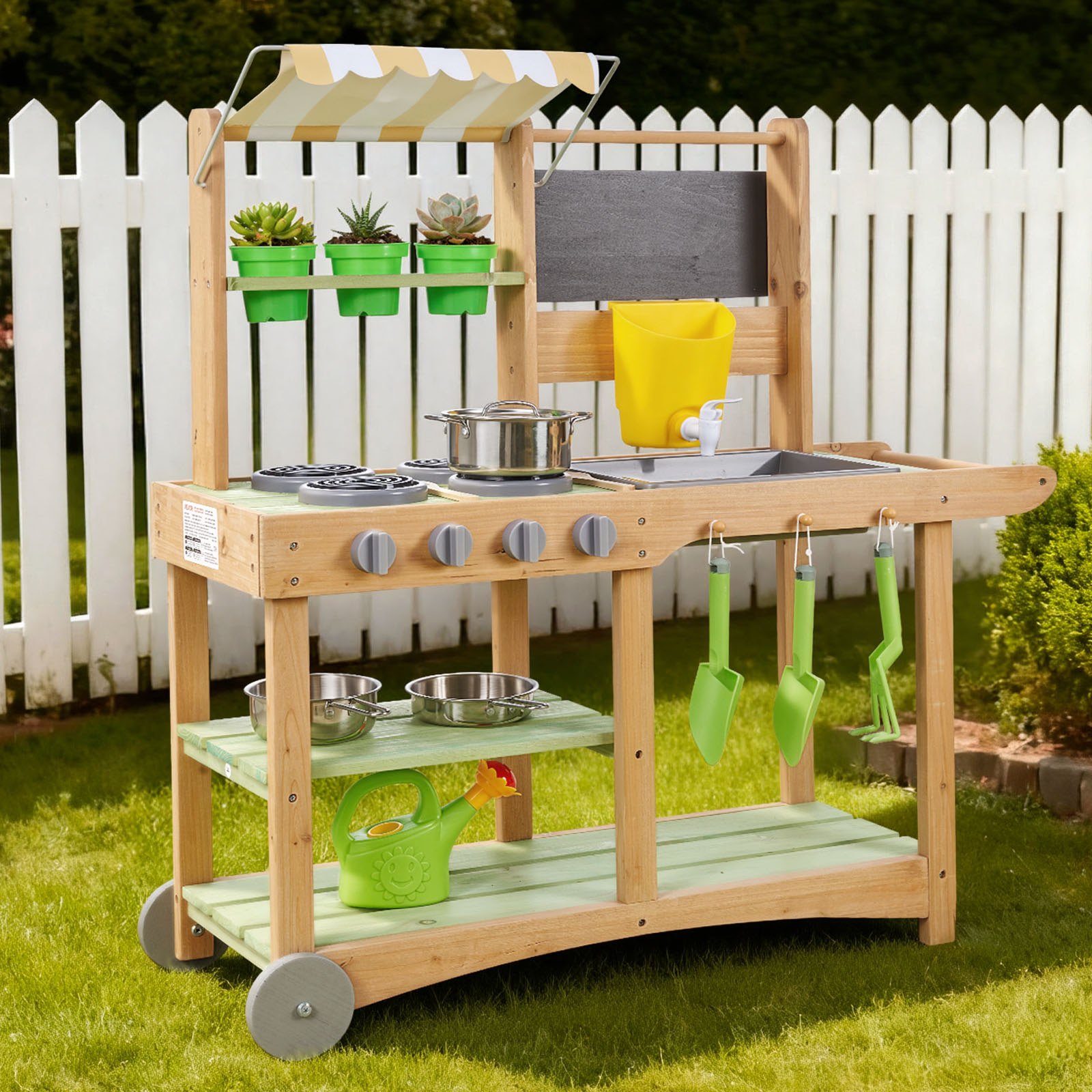 VEVOR Cucina Educativa per Bambini da 880 x 326 x 900 mm, Cucine Giocattolo in Legno per Esterni con Cucchiai, Lavello, Tettuccio Parasole, Ruote Girevoli, Pentole e Accessori, per la Casa e Prato