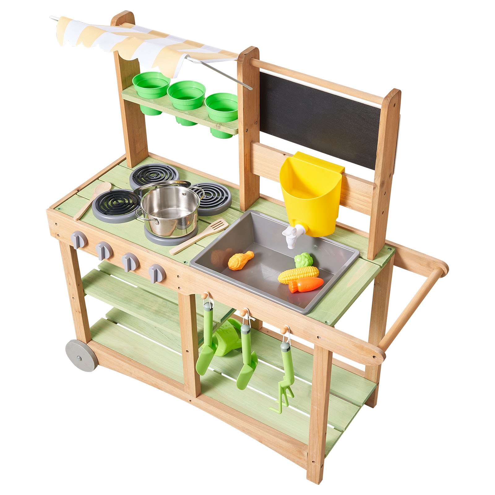 VEVOR Cucina Educativa per Bambini da 880 x 326 x 900 mm, Cucine Giocattolo in Legno per Esterni con Cucchiai, Lavello, Tettuccio Parasole, Ruote Girevoli, Pentole e Accessori, per la Casa e Prato