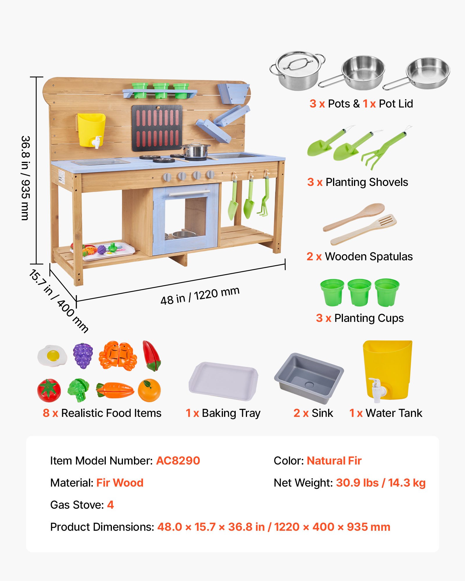 VEVOR Cucina di Fango da Esterno per Bambini da 1220 x 425 x 930 mm, Cucine da Gioco con Fornelli, Ganci, Doppi Lavelli, Pale da Piantagione, Spatole, Pentole e Accessori, Giochi con Acqua e Sabbia