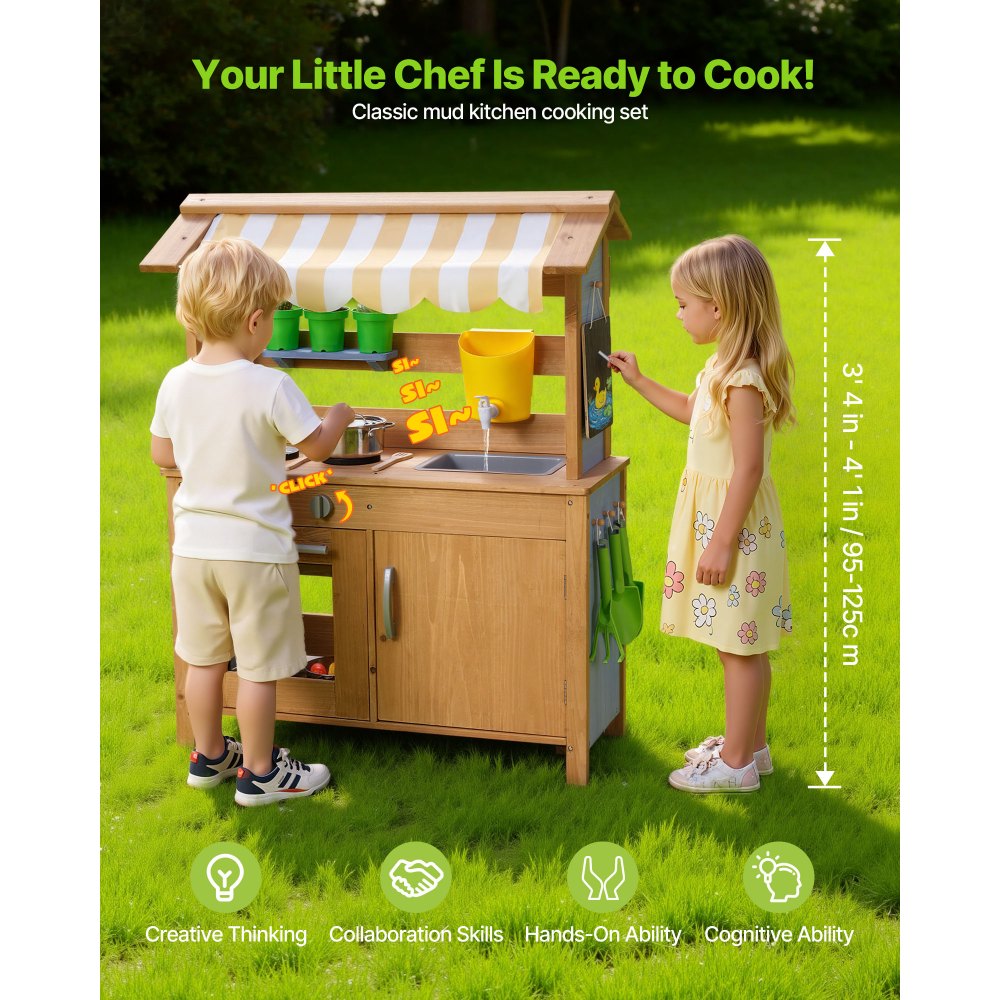 VEVOR Cucina di Fango da Esterno per Bambini da 795 x 339 x 1000 mm, Cucine da Gioco in Legno da Esterno con Cucchiai, Lavello, Vasca, Tettuccio Parasole, Pale, Pentole e Accessori, per Prato