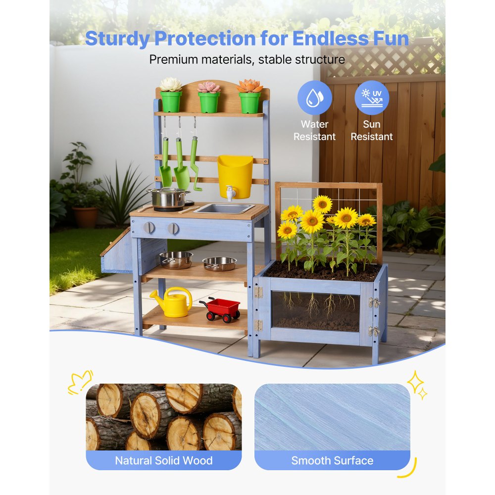 VEVOR Cucina in Legno con Piano di Cottura per Bambini, Cucine da Gioco in Legno con Fioriera, Contenitore per Animali, Vasca, Lavandino, Pentole, Pentole e Accessori, per Prato e Cortile