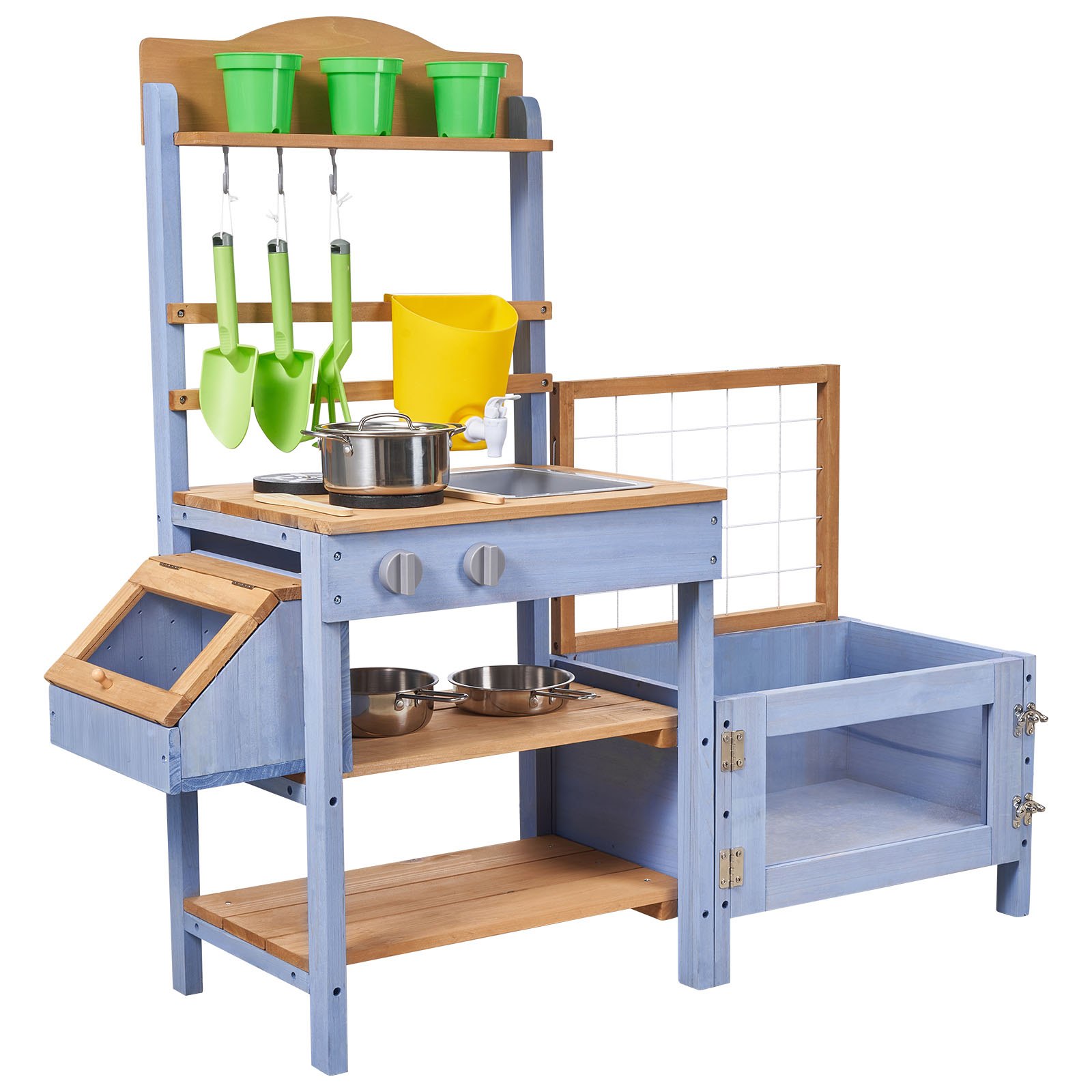 VEVOR Cucina in Legno con Piano di Cottura per Bambini, Cucine da Gioco in Legno con Fioriera, Contenitore per Animali, Vasca, Lavandino, Pentole, Pentole e Accessori, per Prato e Cortile